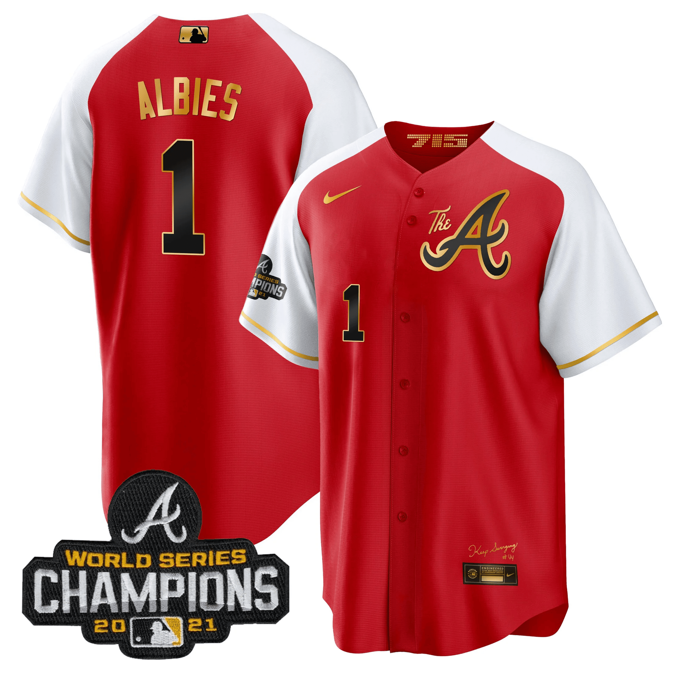 Ozzie Albies Men's Atlanta Braves Champions Alternate Gold Cool Base Red Jersey - All Stitched
