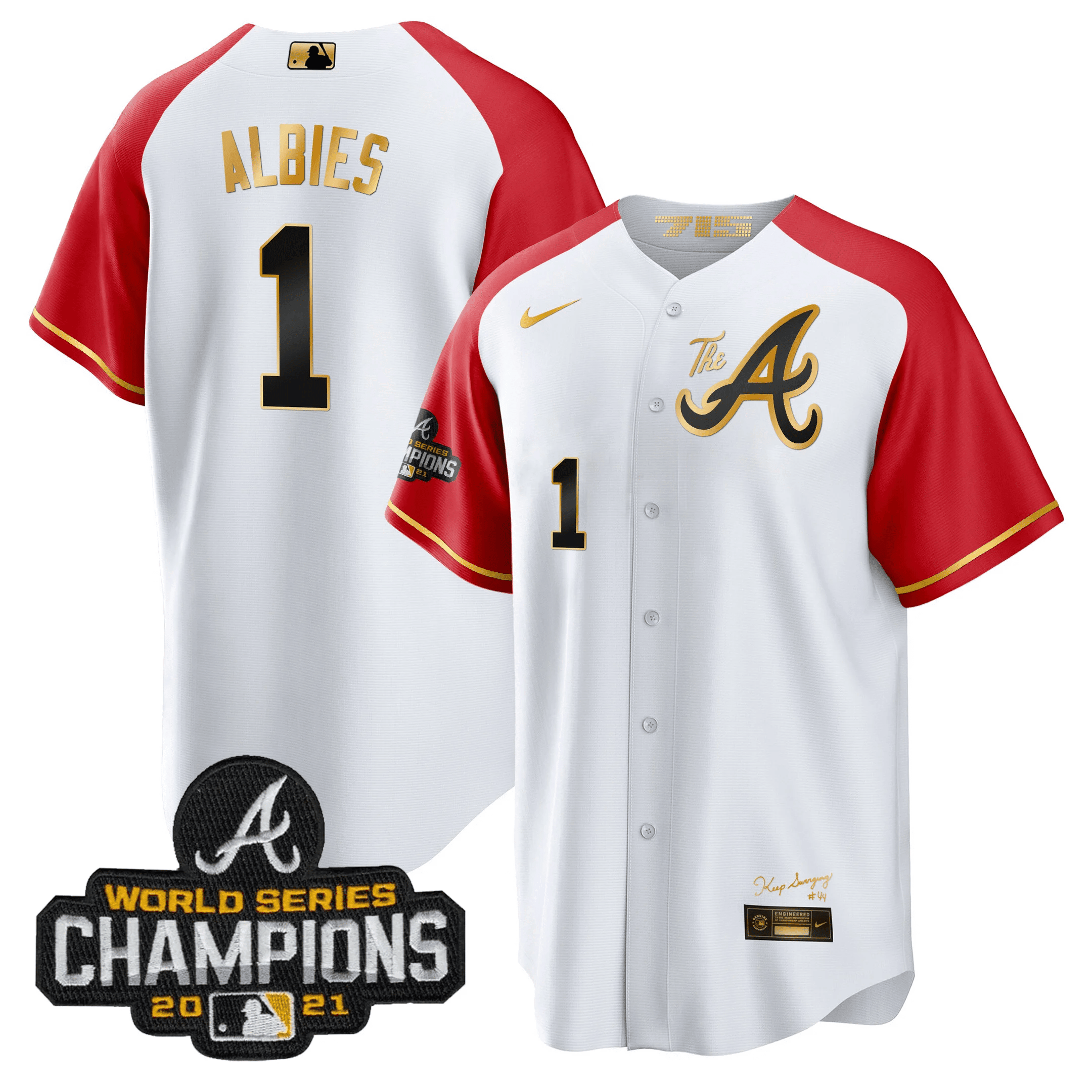 Ozzie Albies Men's Atlanta Braves Champions Alternate Gold Cool Base White Jersey - All Stitched