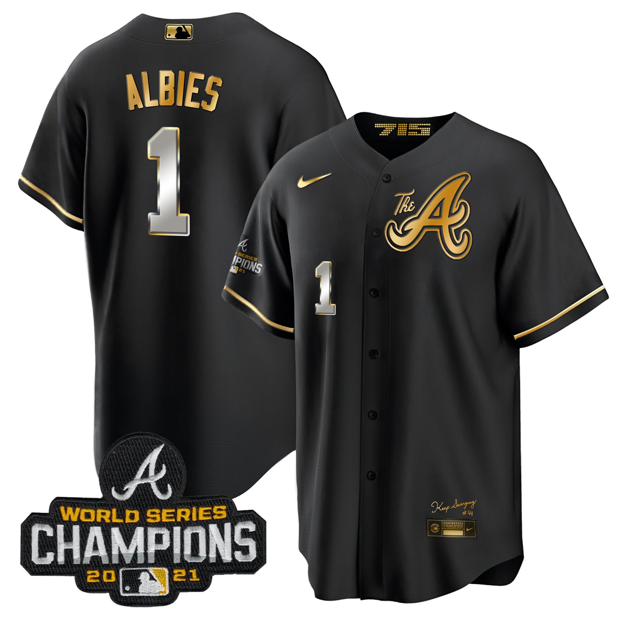 Ozzie Albies Men's Atlanta Braves Champions City Connect Gold Cool Base Black Gold Jersey - All Stitched