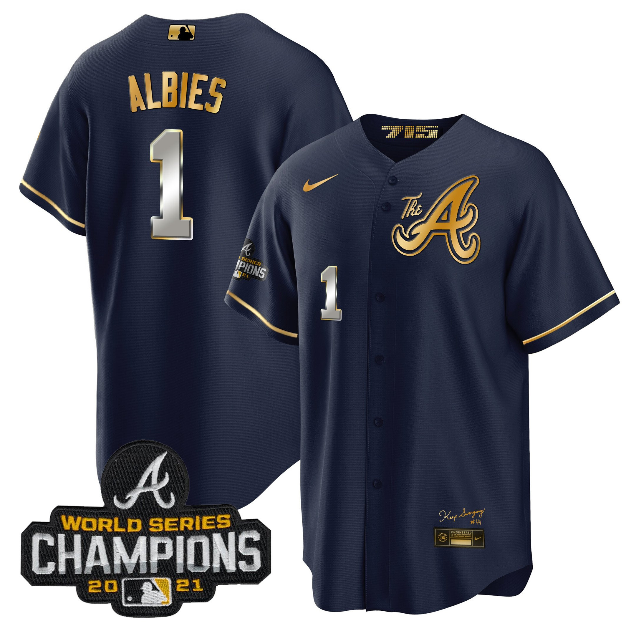 Ozzie Albies Men's Atlanta Braves Champions City Connect Gold Cool Base Navy Gold Jersey - All Stitched