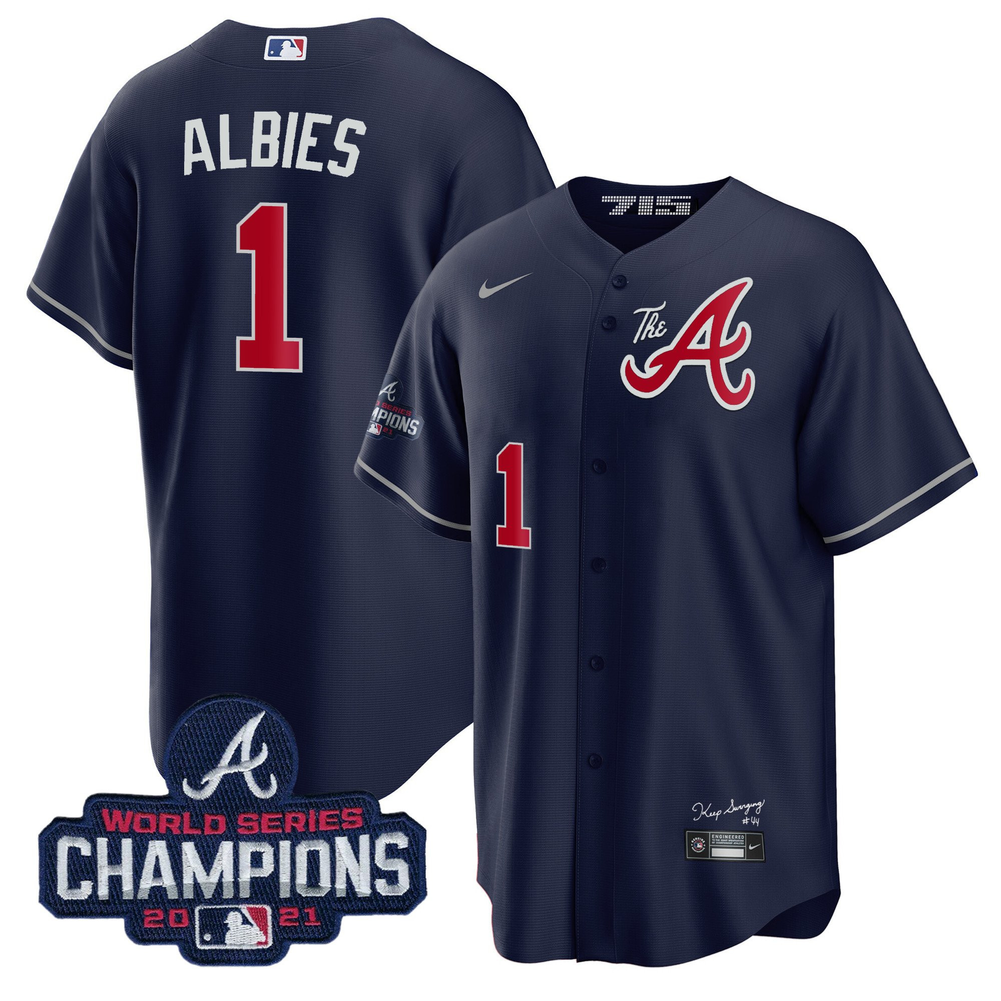 Ozzie Albies Men's Atlanta Braves Champions City Connect Gold Cool Base Navy Jersey - All Stitched
