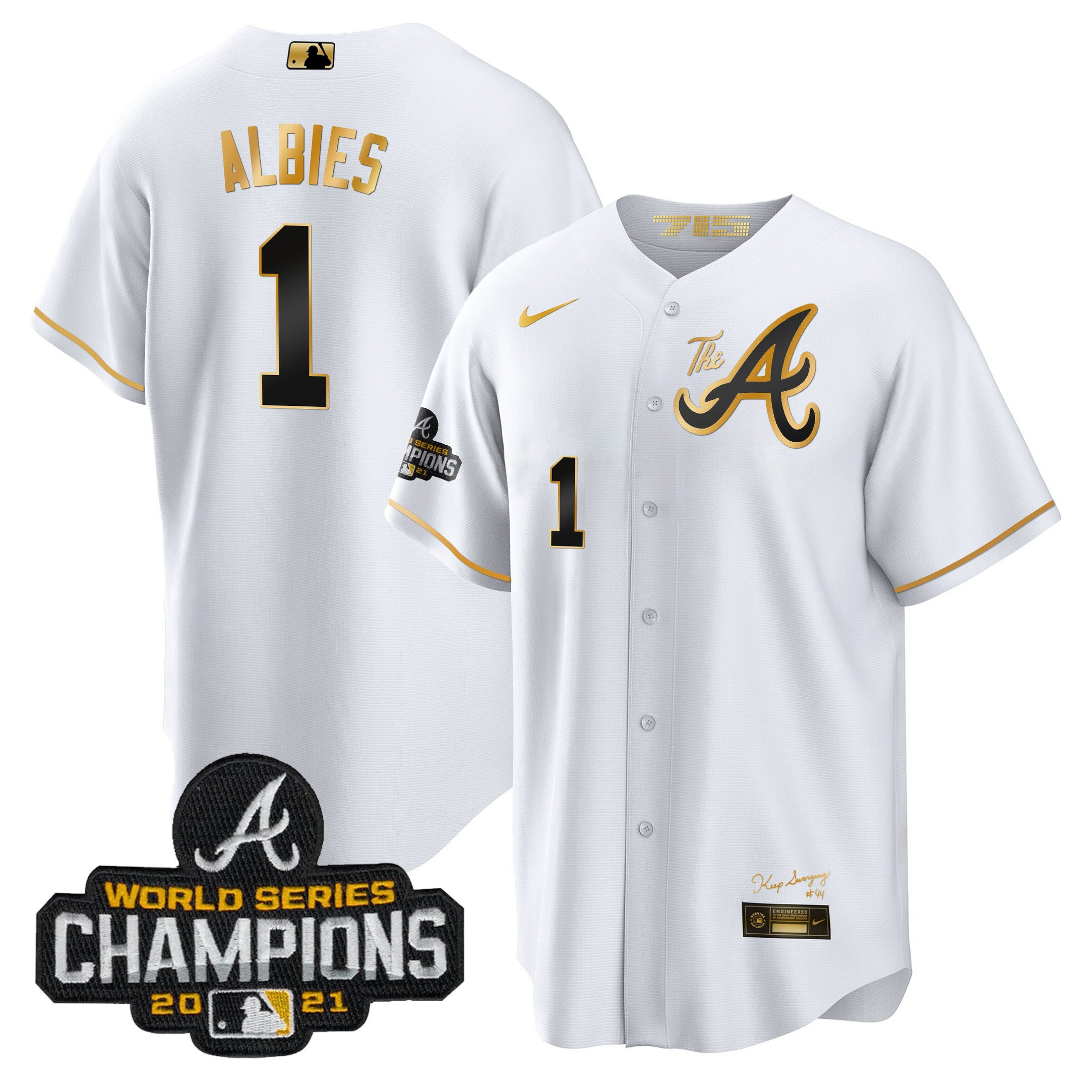 Ozzie Albies Men's Atlanta Braves Champions City Connect Gold Cool Base White Gold Jersey - All Stitched