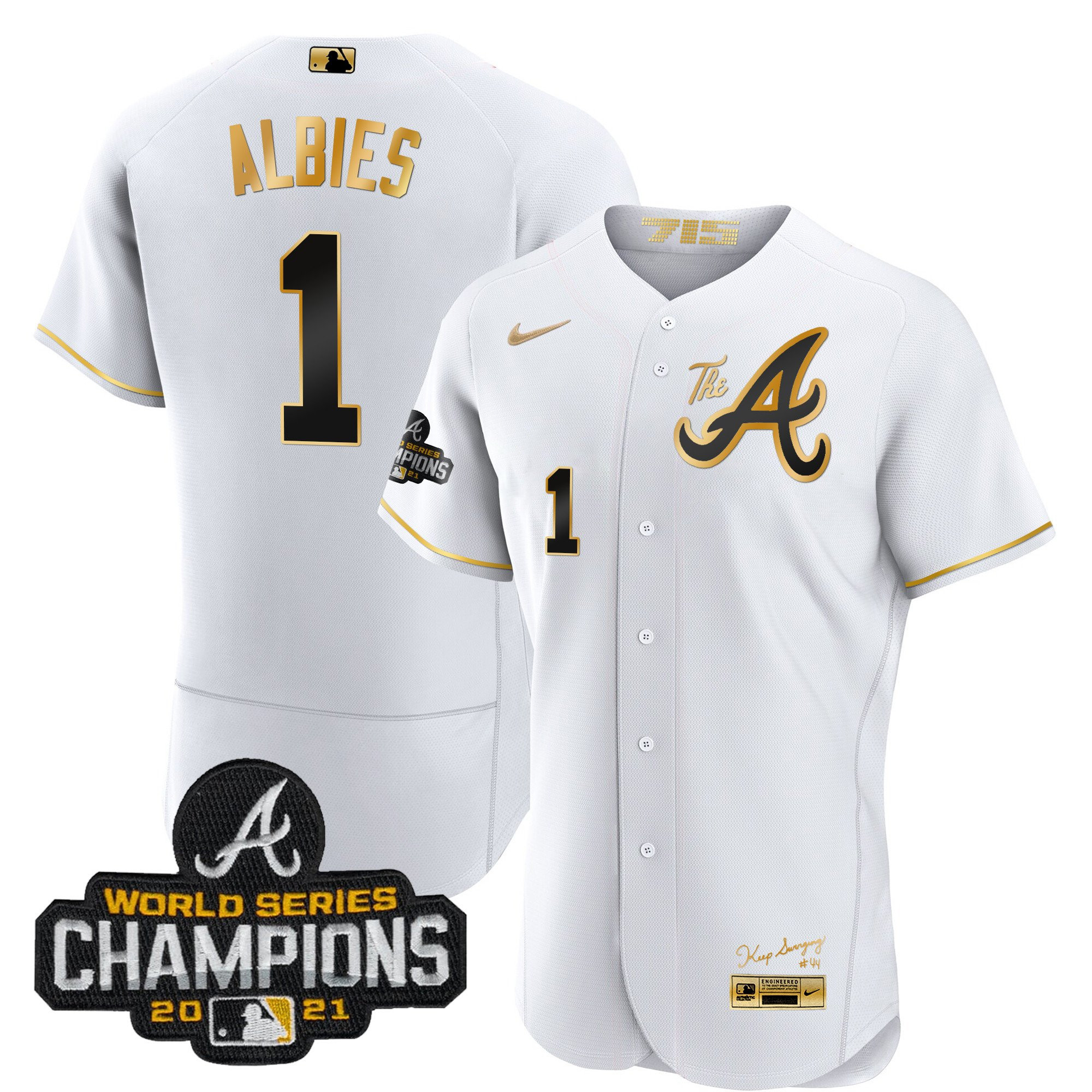 Ozzie Albies Men's Atlanta Braves Champions City Connect Gold Flex Base White Gold Jersey - All Stitched