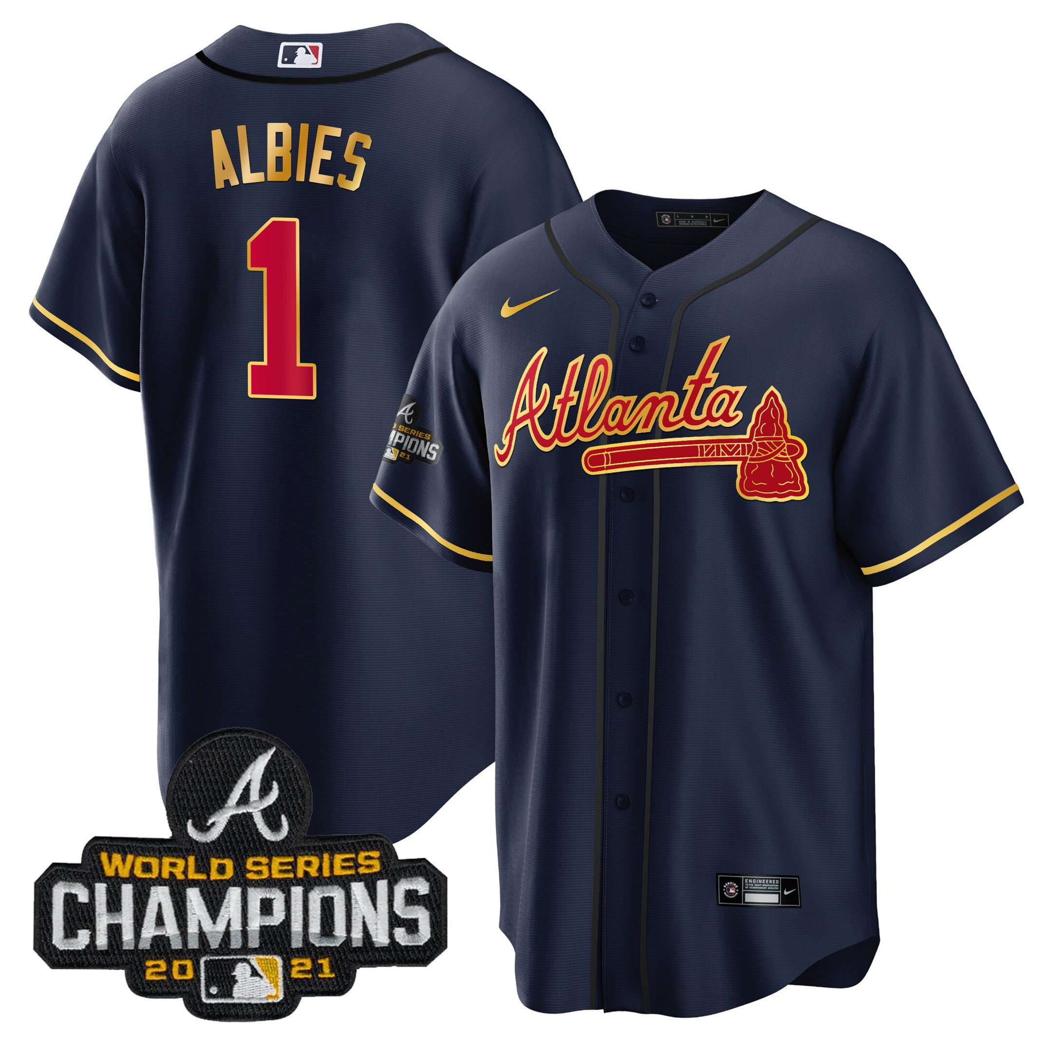 Ozzie Albies Men's Atlanta Braves Champions Patch Gold Trim Cool Navy Jersey - All Stitched