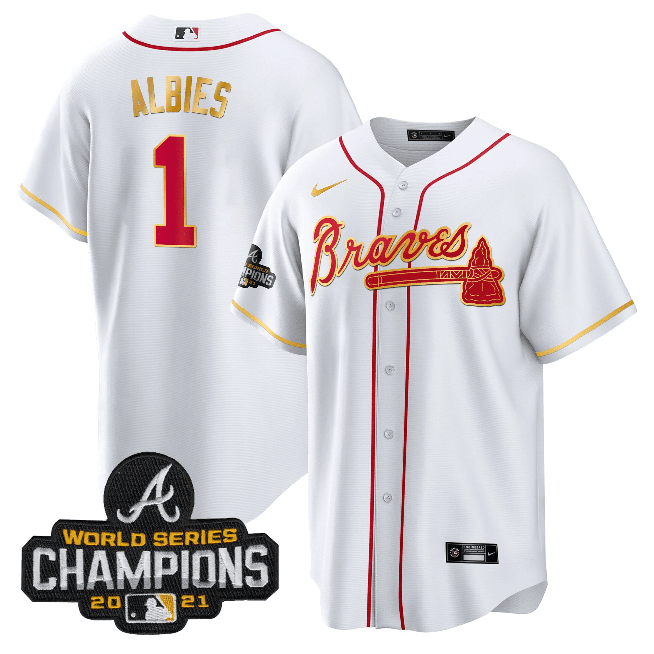 Ozzie Albies Men's Atlanta Braves Champions Patch Gold Trim Cool White Jersey - All Stitched