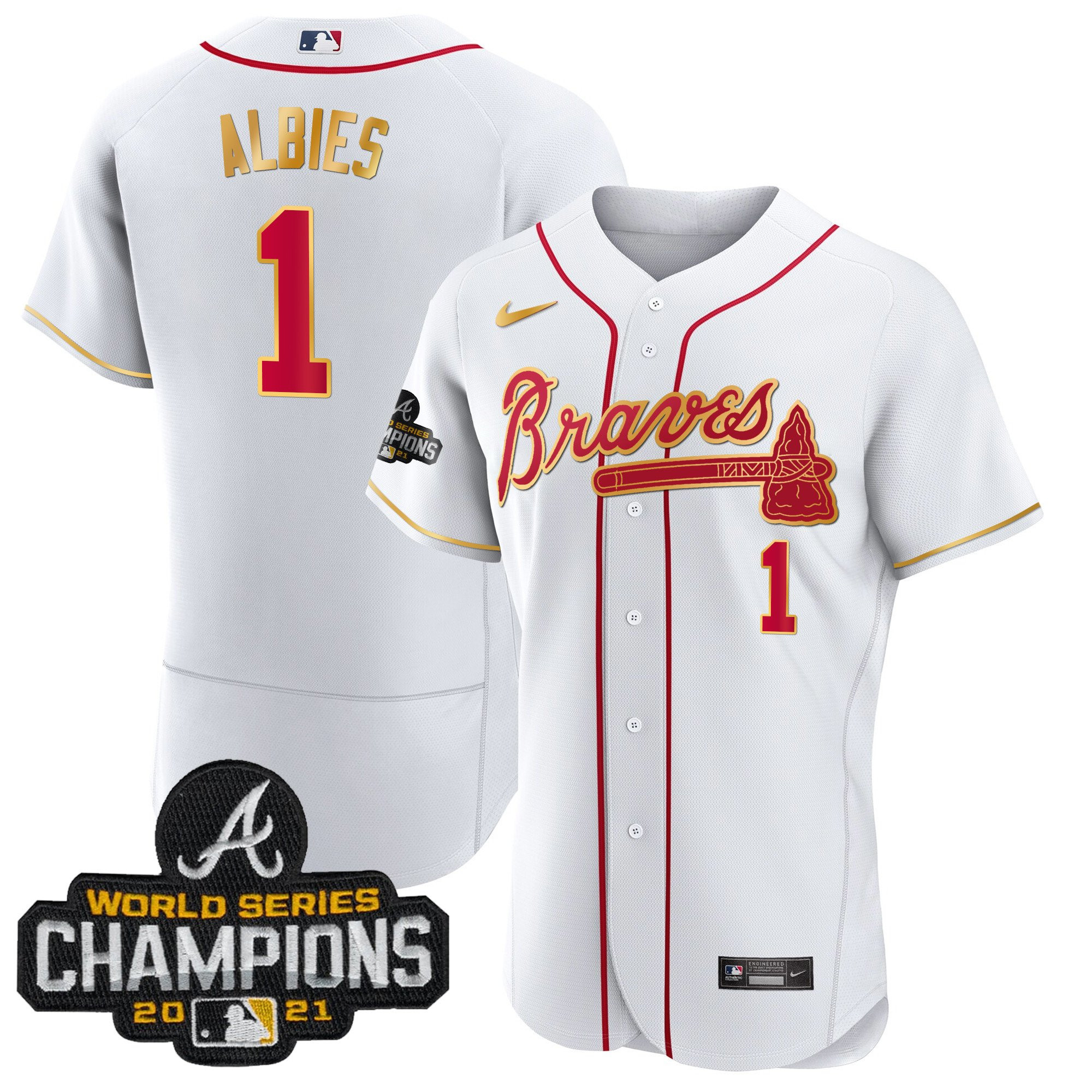 Ozzie Albies Men's Atlanta Braves Champions Patch Gold Trim Flex White Jersey - All Stitched