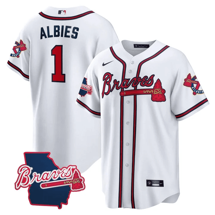 Ozzie Albies Men's Atlanta Braves Georgia State Patch - White Cool Base Jersey - All Stitched