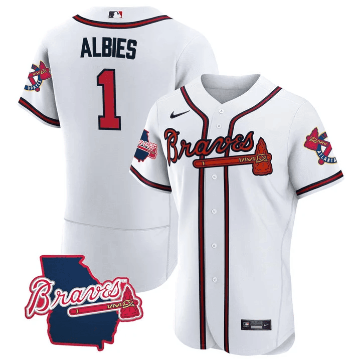 Ozzie Albies Men's Atlanta Braves Georgia State Patch - White Flex Base Jersey - All Stitched