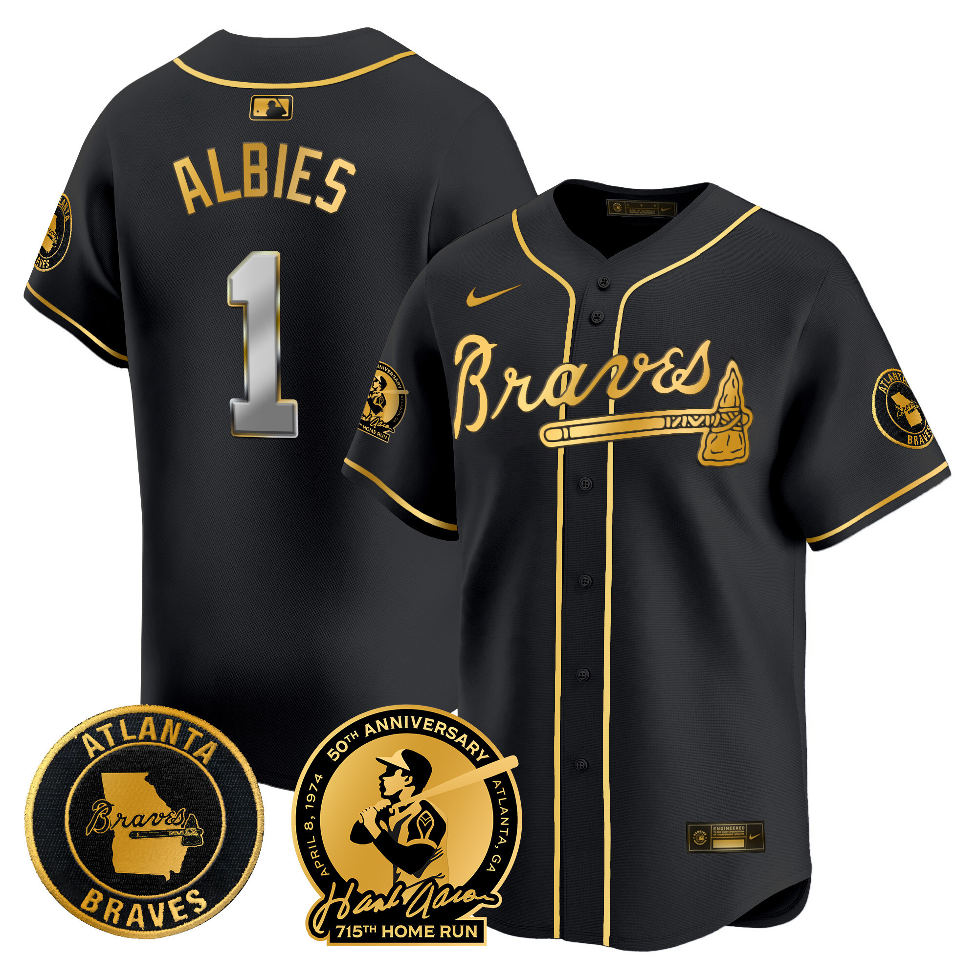 Ozzie Albies Men's Atlanta Braves Hank Aaron 715th Home Run Patch Vapor Premier Limited Black Gold Jersey - All Stitched