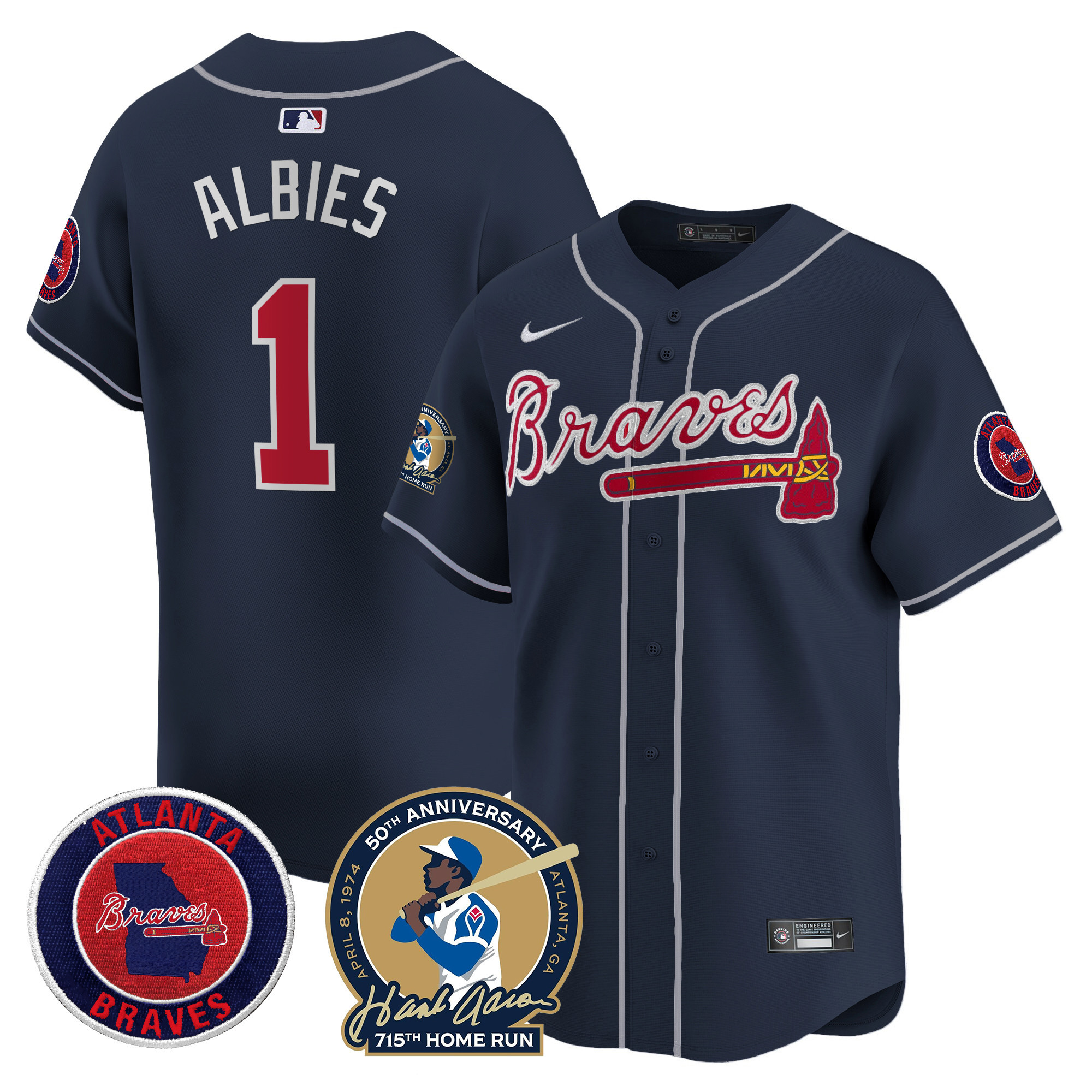 Ozzie Albies Men's Atlanta Braves Hank Aaron 715th Home Run Patch Vapor Premier Limited Navy Jersey - All Stitched