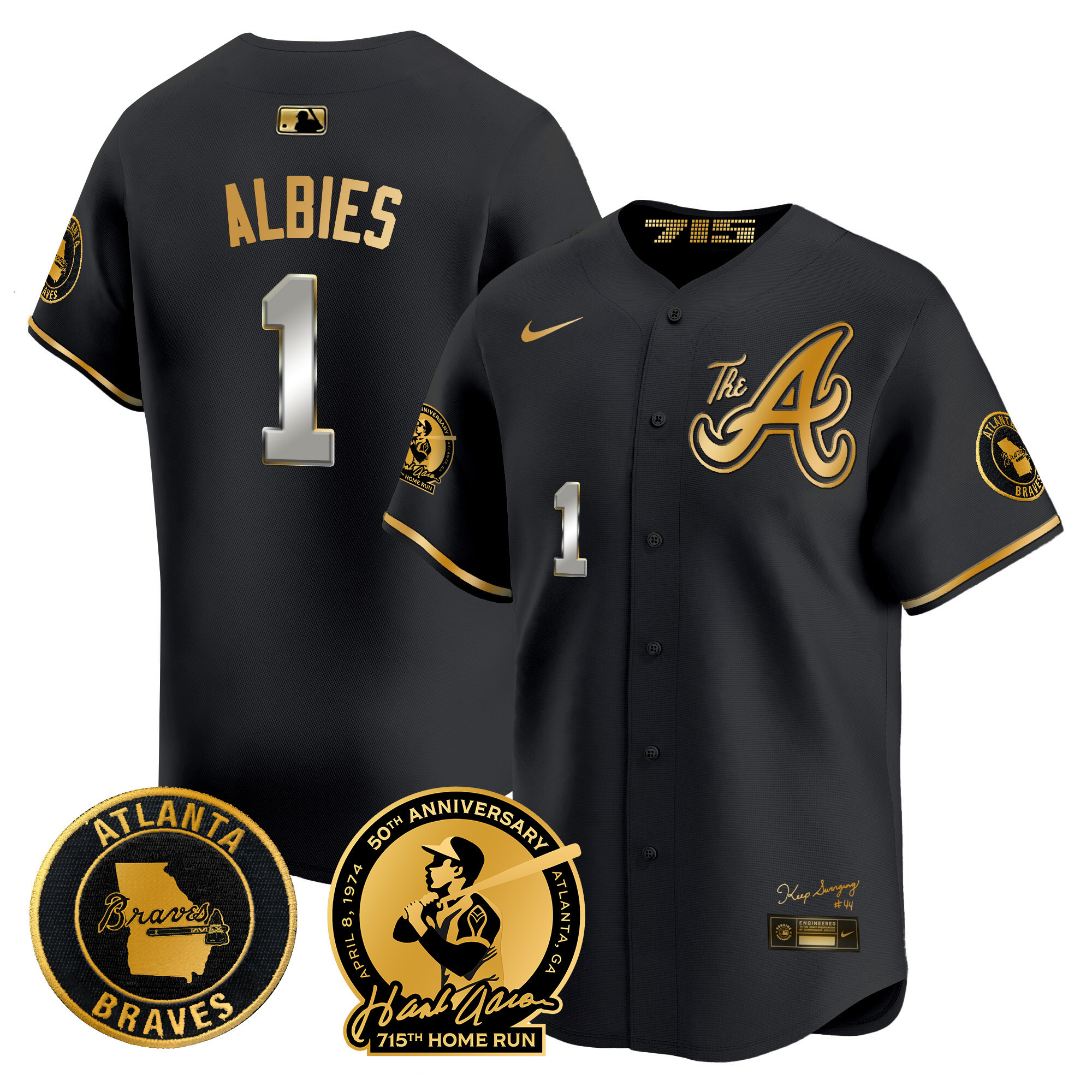 Ozzie Albies Men's Atlanta Braves Hank Aaron 715th Home Run Patch Vapor Premier Limited V2 Black Gold Jersey - All Stitched