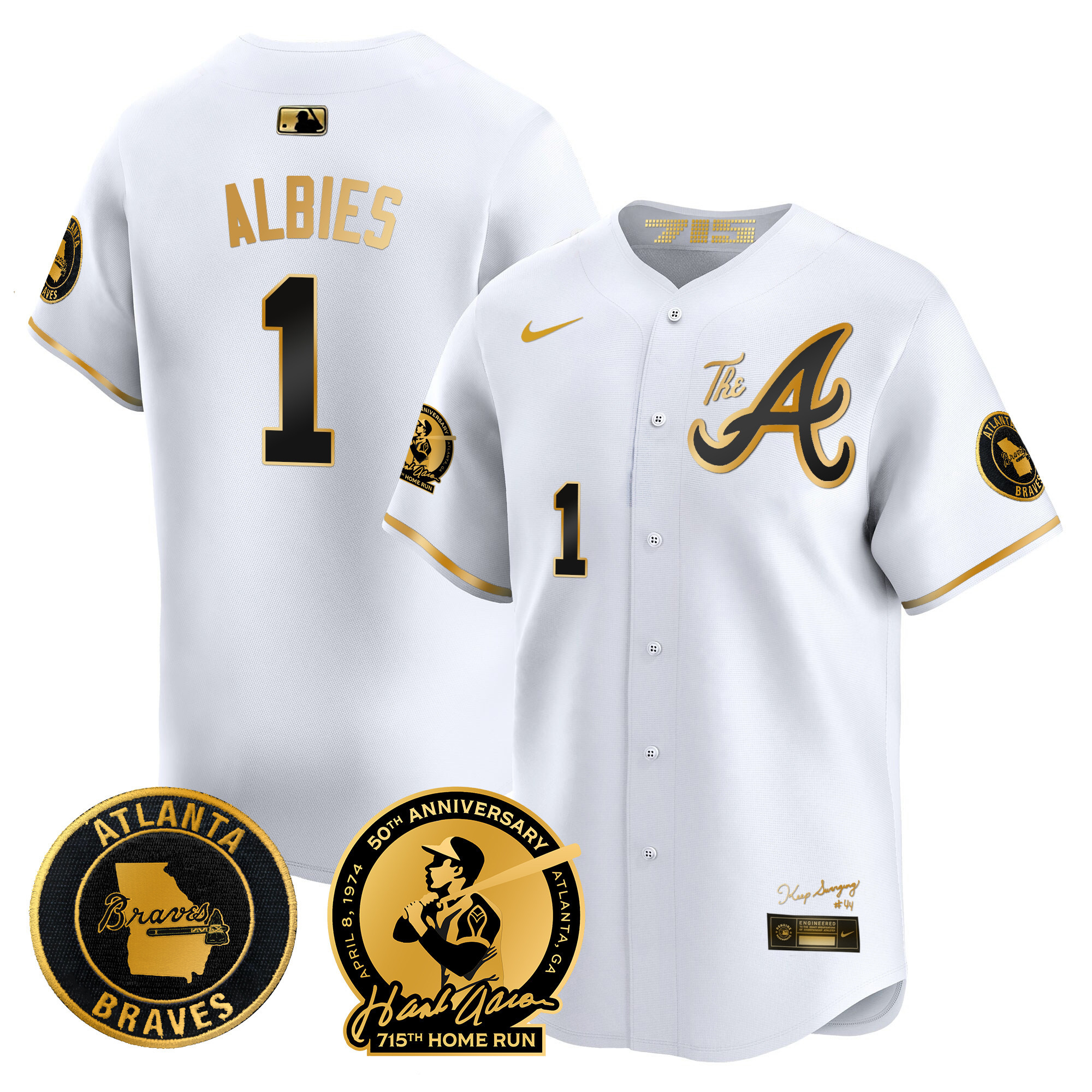 Ozzie Albies Men's Atlanta Braves Hank Aaron 715th Home Run Patch Vapor Premier Limited V2 White Gold Jersey - All Stitched