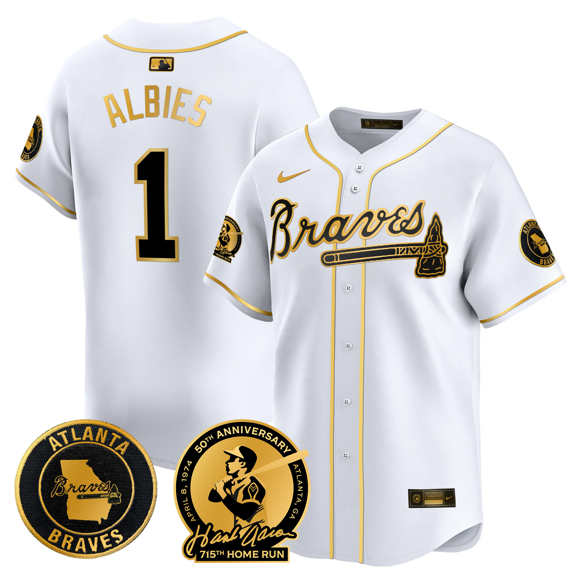 Ozzie Albies Men's Atlanta Braves Hank Aaron 715th Home Run Patch Vapor Premier Limited White Gold Jersey - All Stitched