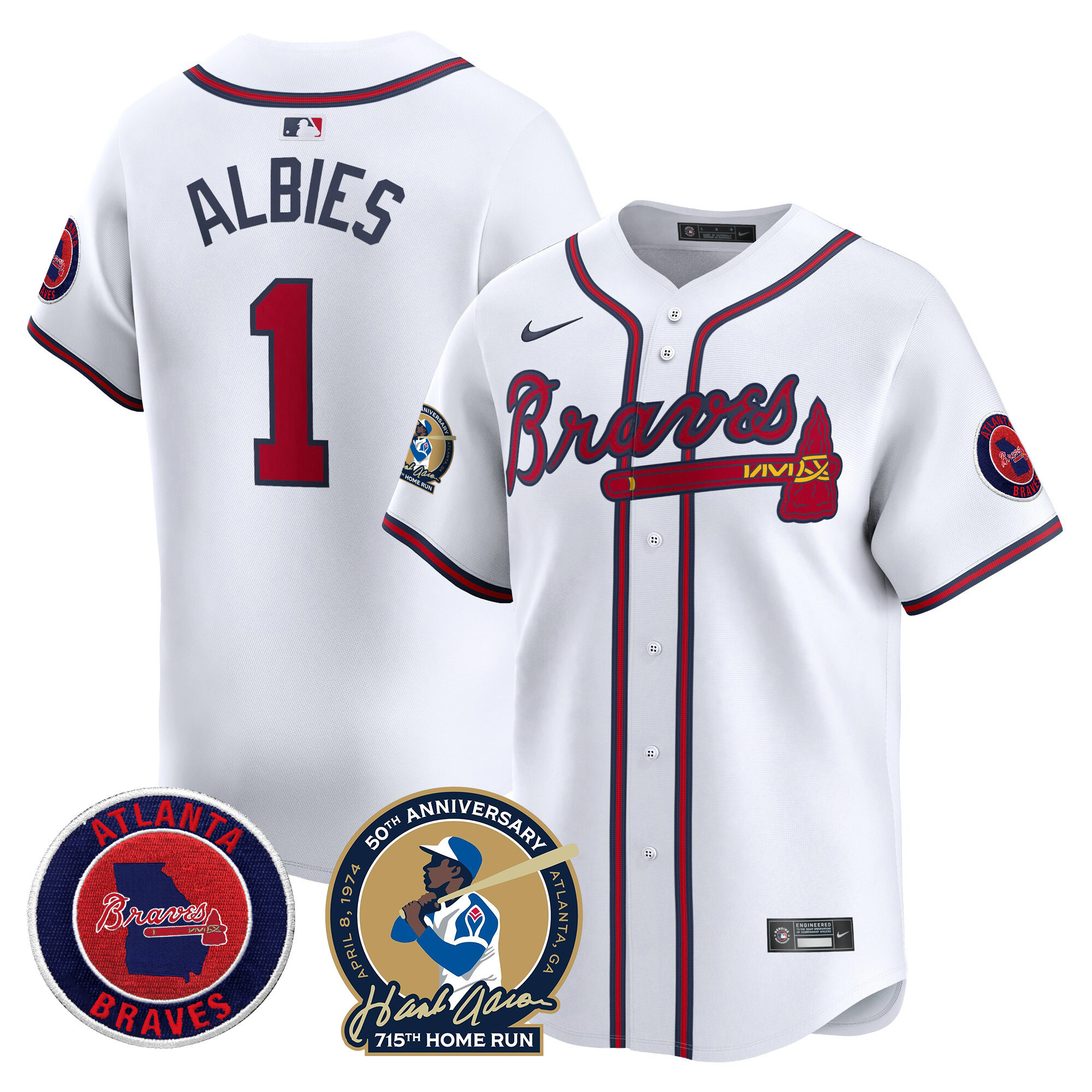 Ozzie Albies Men's Atlanta Braves Hank Aaron 715th Home Run Patch Vapor Premier Limited White Jersey - All Stitched