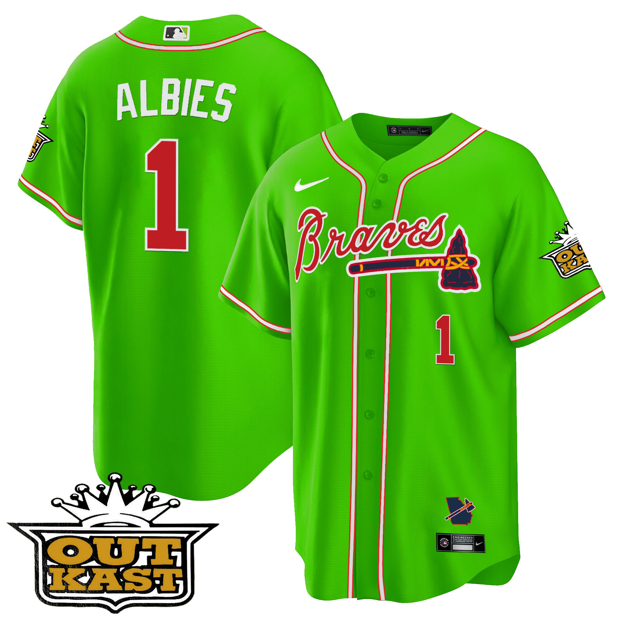 Ozzie Albies Men's Atlanta Braves Outkast Cool Base V2 Bright Green Jersey - All Stitched
