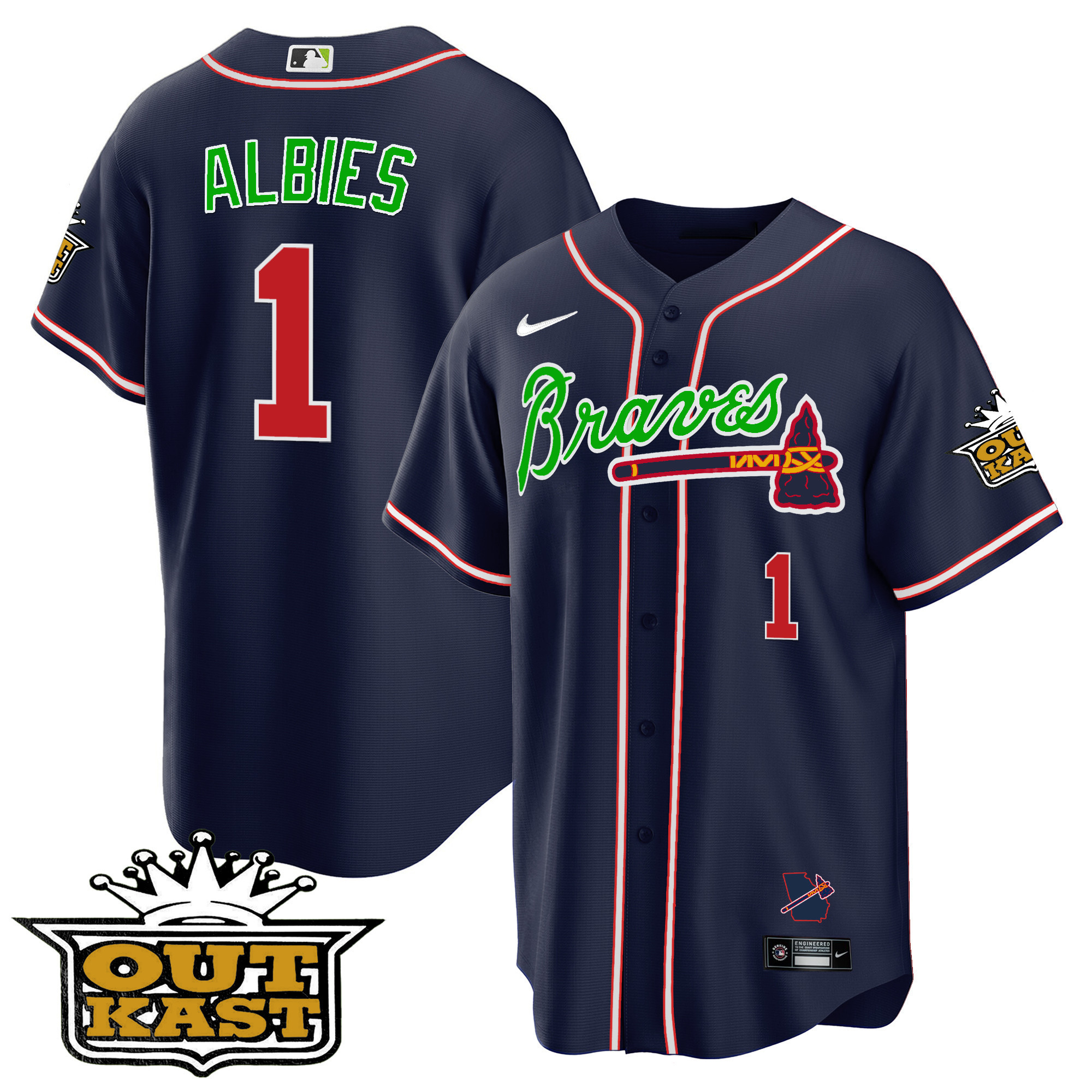 Ozzie Albies Men's Atlanta Braves Outkast Cool Base V2 Navy Jersey - All Stitched