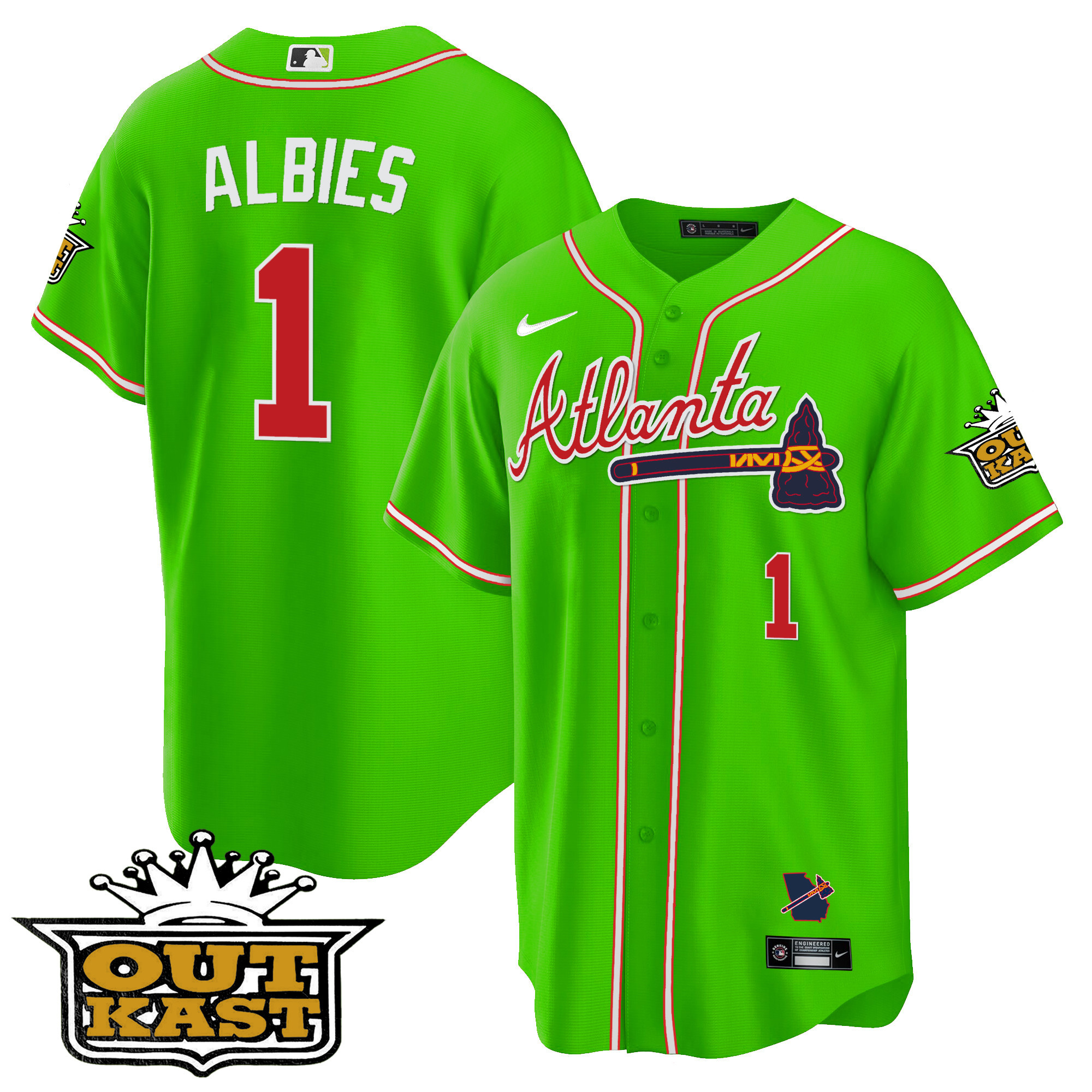Ozzie Albies Men's Atlanta Braves Outkast Cool Base V3 Bright Green Jersey - All Stitched