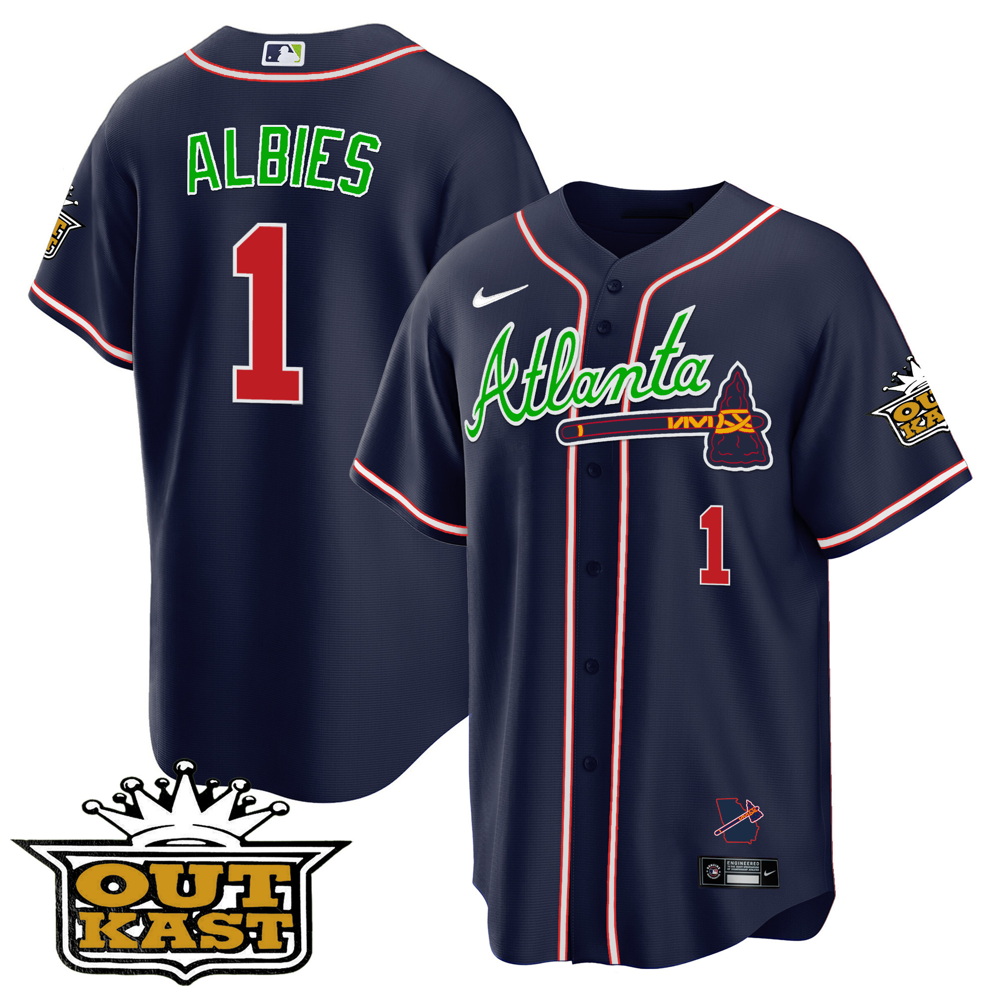 Ozzie Albies Men's Atlanta Braves Outkast Cool Base V3 Navy Jersey - All Stitched