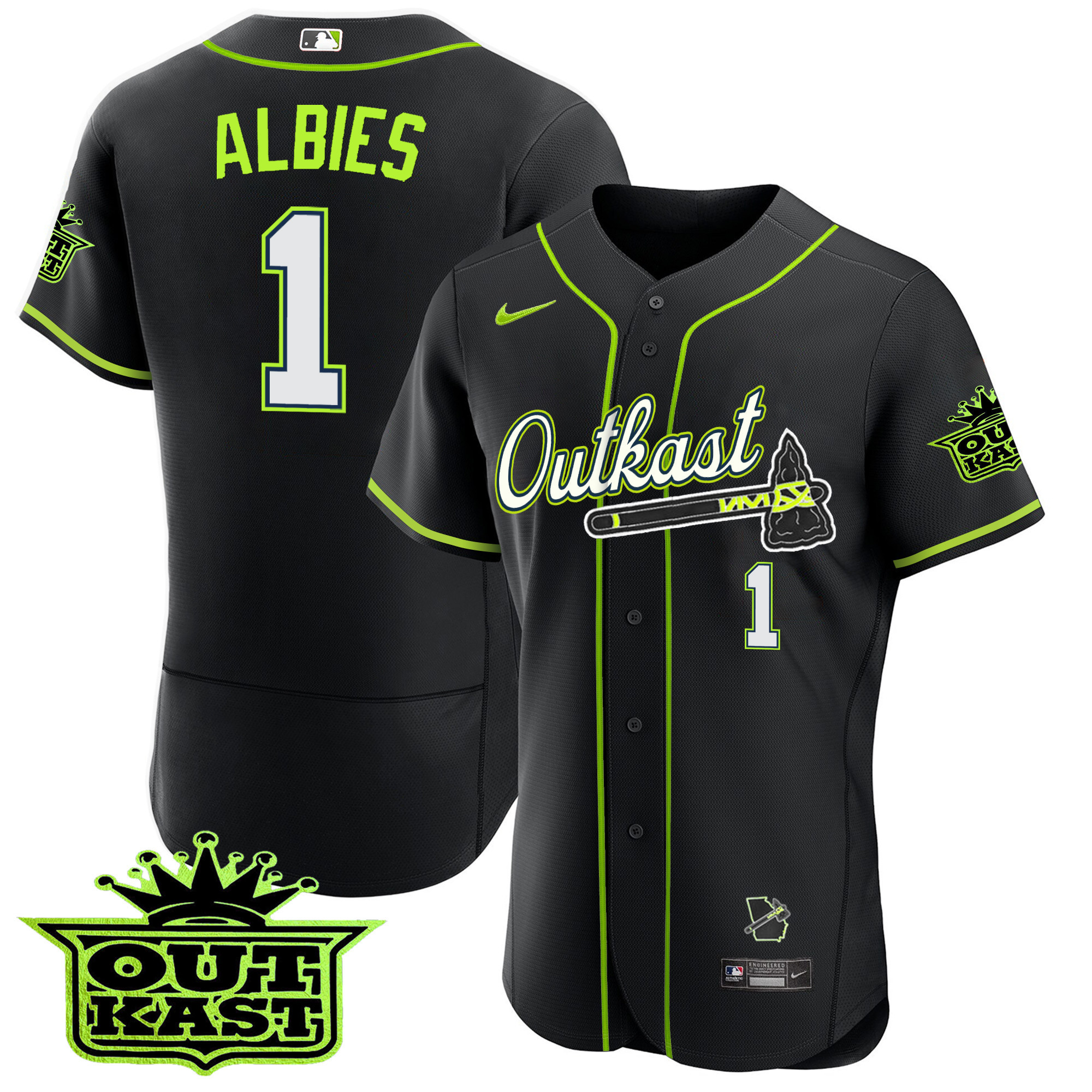 Ozzie Albies Men's Atlanta Braves Outkast Flex Base Black Jersey - All Stitched