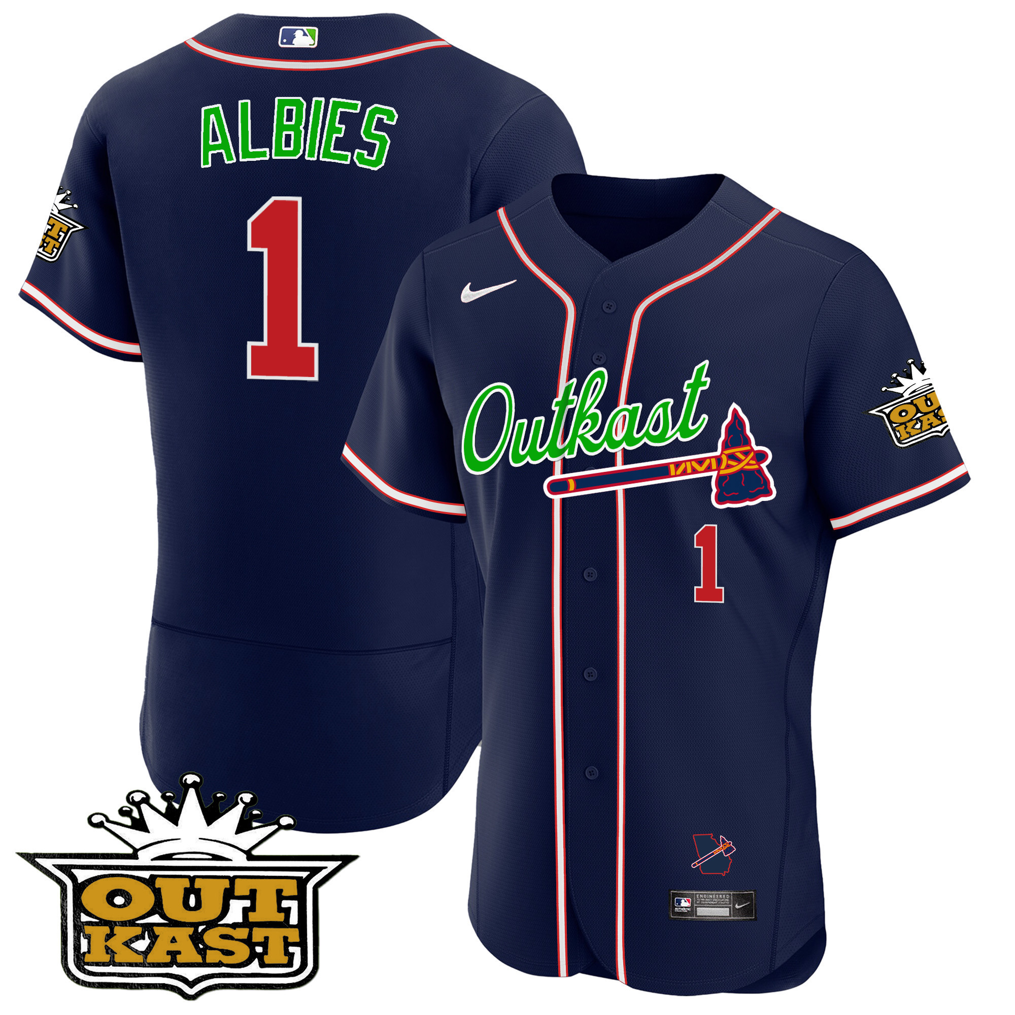 Ozzie Albies Men's Atlanta Braves Outkast Flex Base Navy Jersey - All Stitched