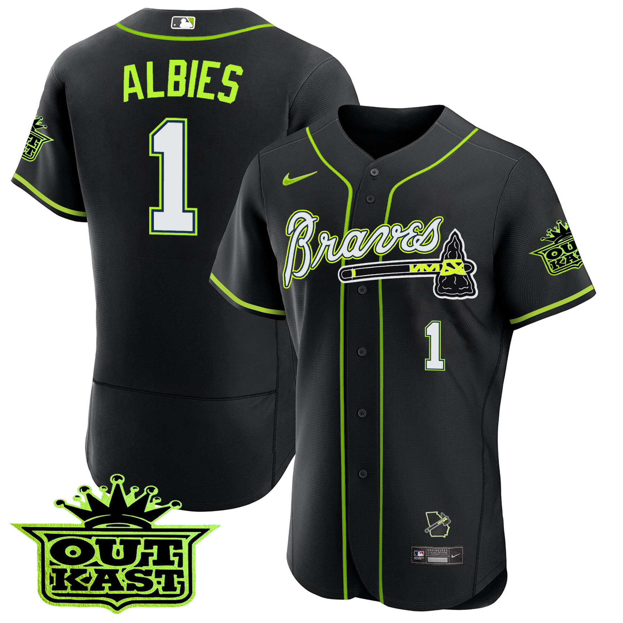 Ozzie Albies Men's Atlanta Braves Outkast Flex Base V2 Black Jersey - All Stitched