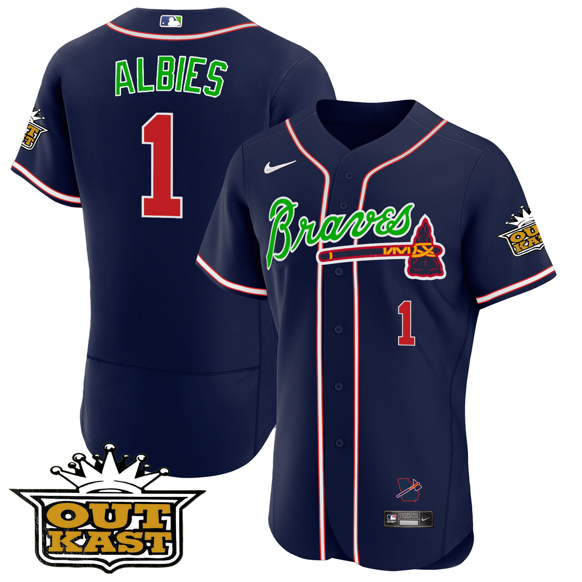 Ozzie Albies Men's Atlanta Braves Outkast Flex Base V2 Navy Jersey - All Stitched