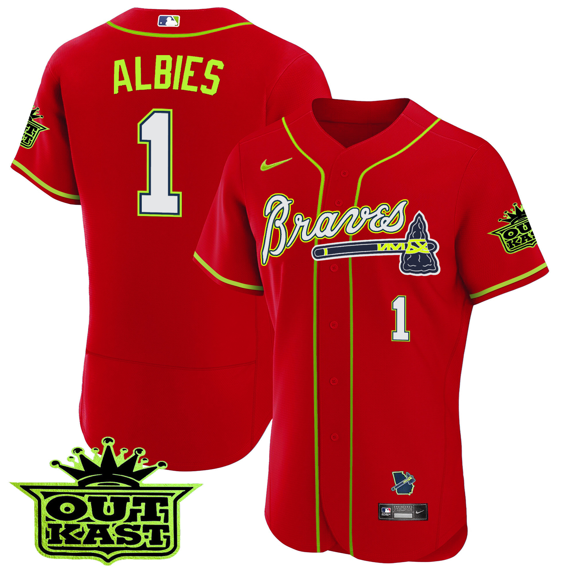 Ozzie Albies Men's Atlanta Braves Outkast Flex Base V2 Red Jersey - All Stitched