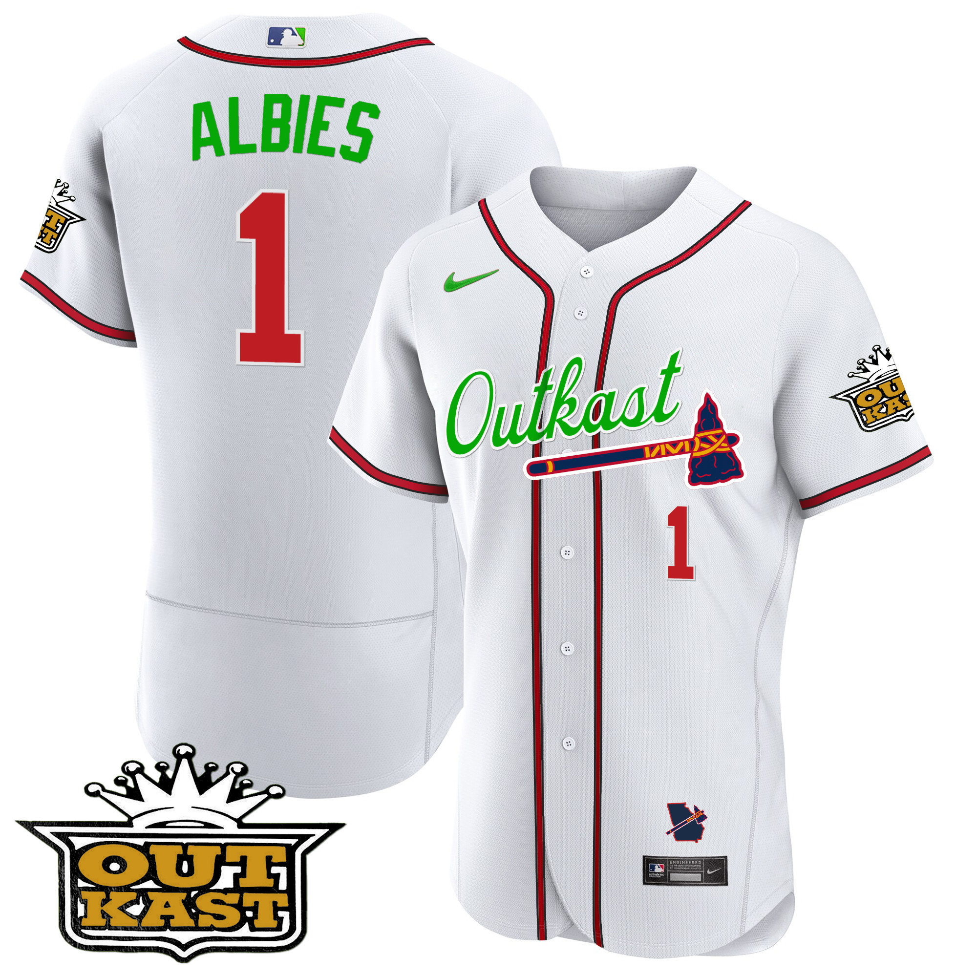 Ozzie Albies Men's Atlanta Braves Outkast Flex Base White Jersey - All Stitched
