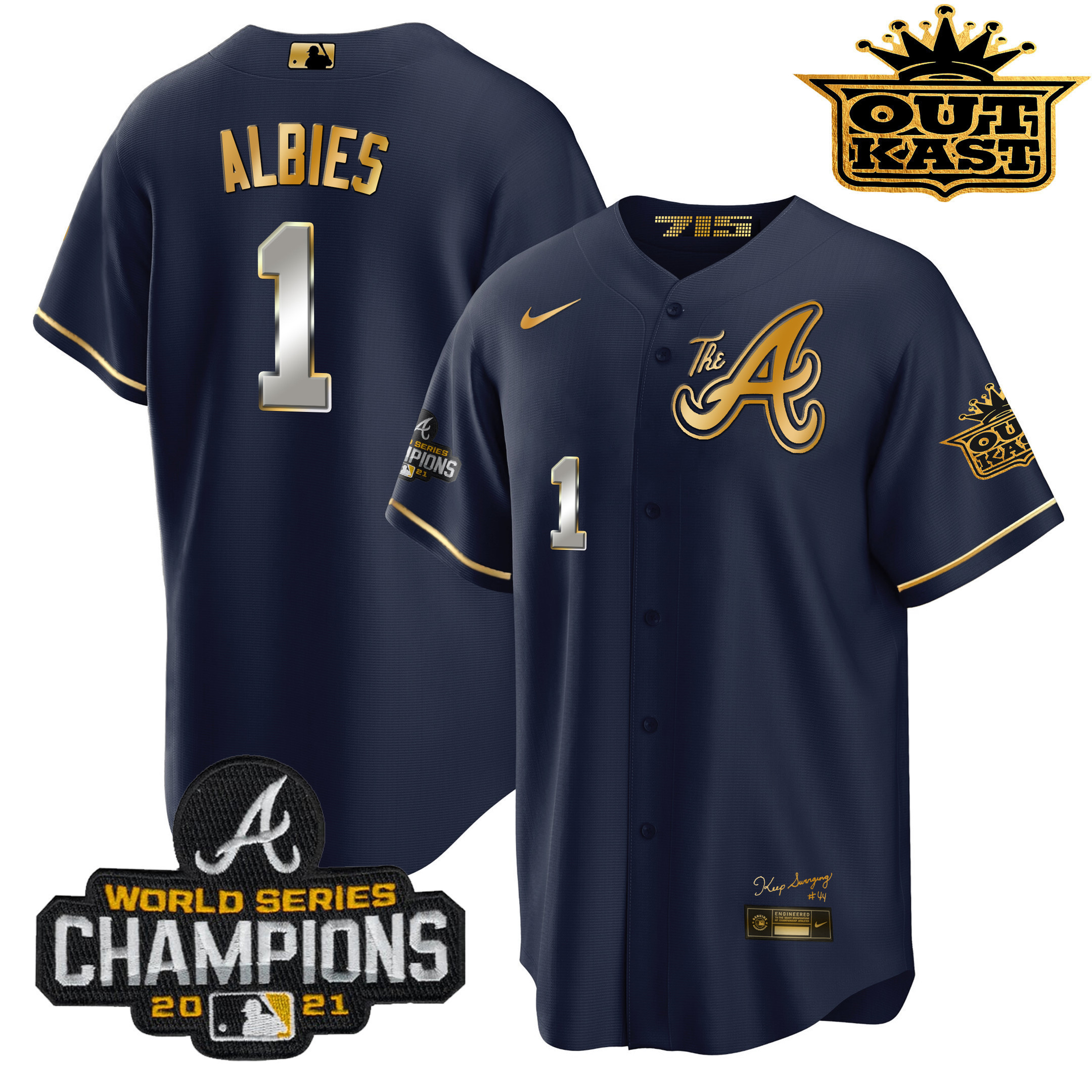 Ozzie Albies Men's Atlanta Braves Outkast Gold The A Cool Base Navy Gold Jersey - All Stitched