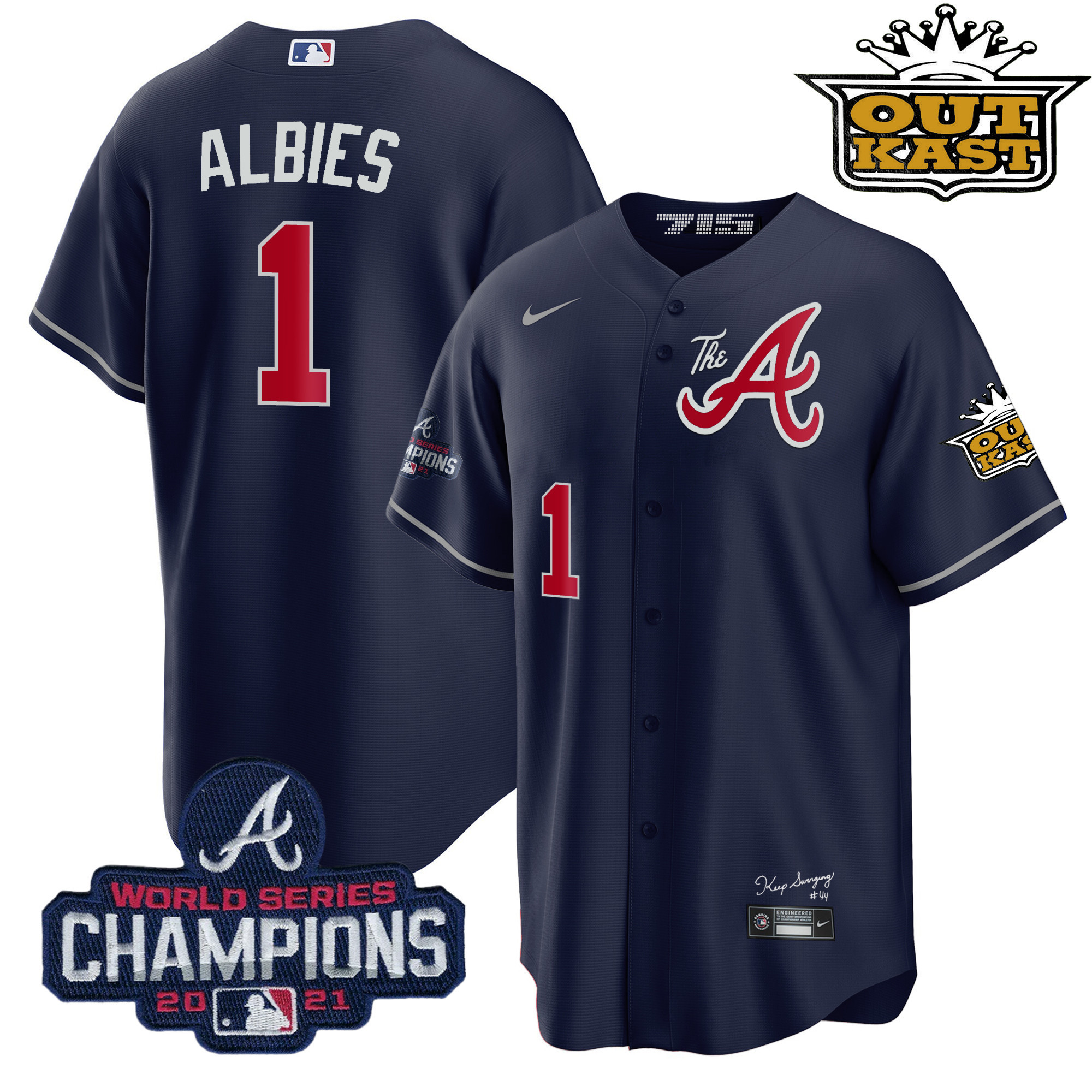 Ozzie Albies Men's Atlanta Braves Outkast Gold The A Cool Base Navy Jersey - All Stitched