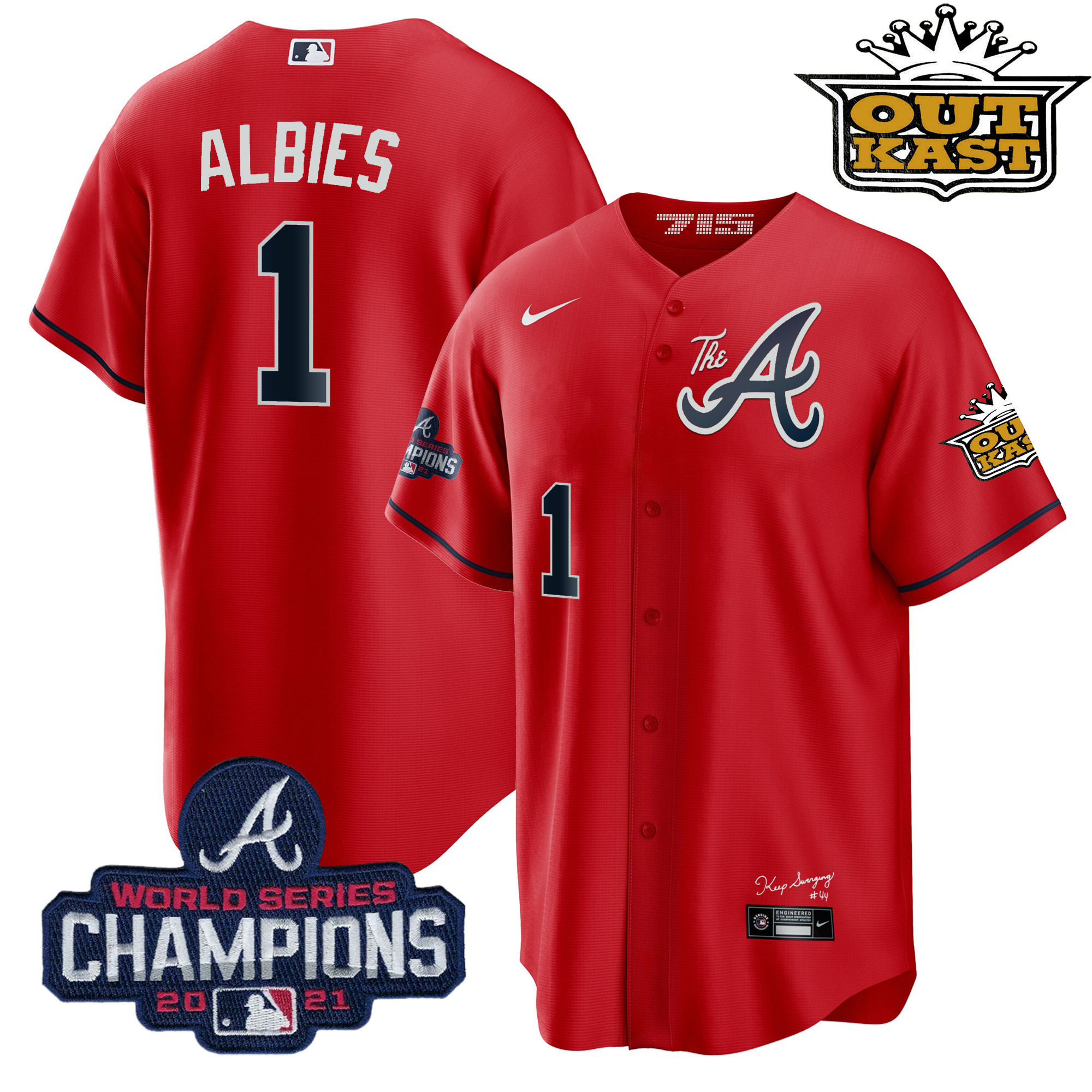 Ozzie Albies Men's Atlanta Braves Outkast Gold The A Cool Base Red Jersey - All Stitched