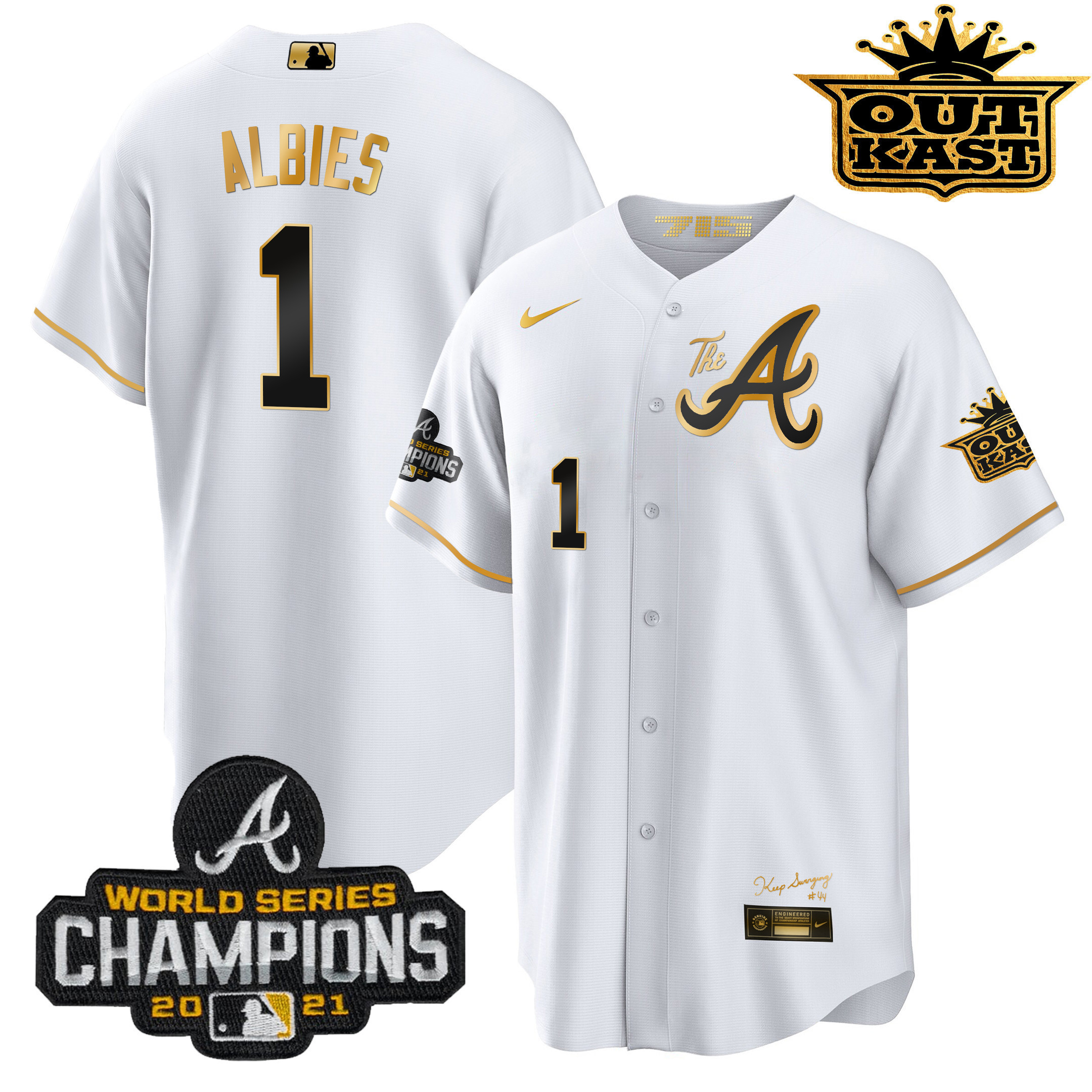 Ozzie Albies Men's Atlanta Braves Outkast Gold The A Cool Base White Gold Jersey - All Stitched