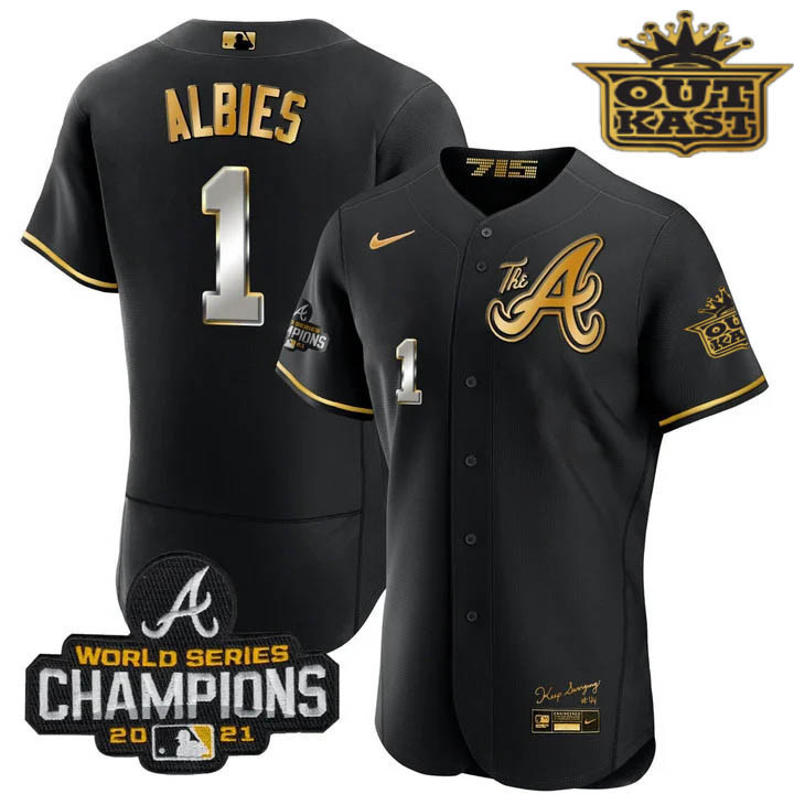 Ozzie Albies Men's Atlanta Braves Outkast Gold The A Flex Base Black Gold Jersey - All Stitched