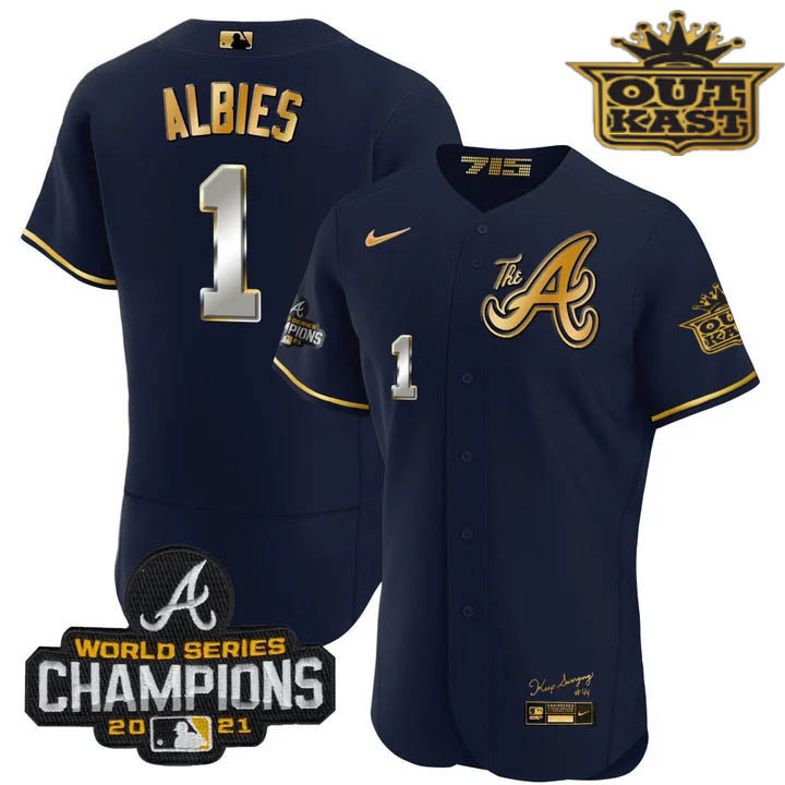Ozzie Albies Men's Atlanta Braves Outkast Gold The A Flex Base Navy Gold Jersey - All Stitched