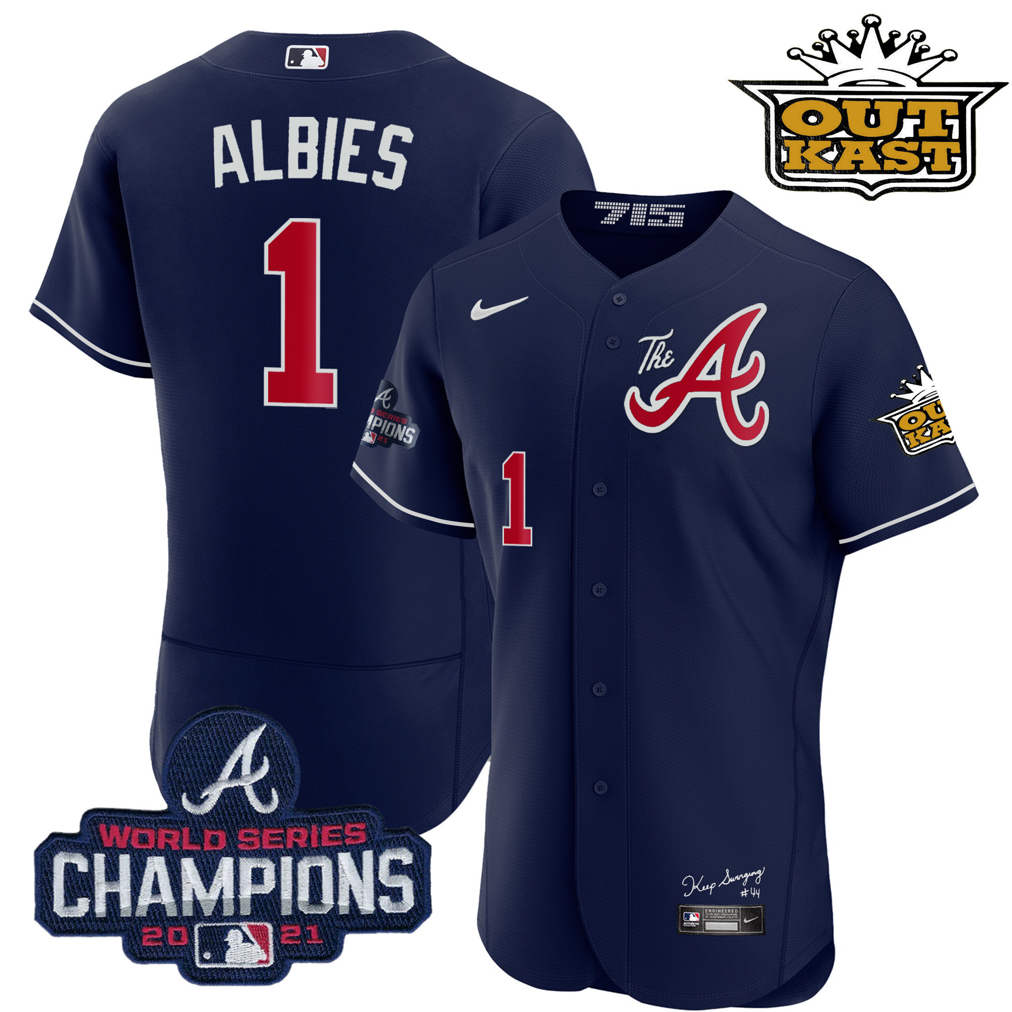 Ozzie Albies Men's Atlanta Braves Outkast Gold The A Flex Base Navy Jersey - All Stitched