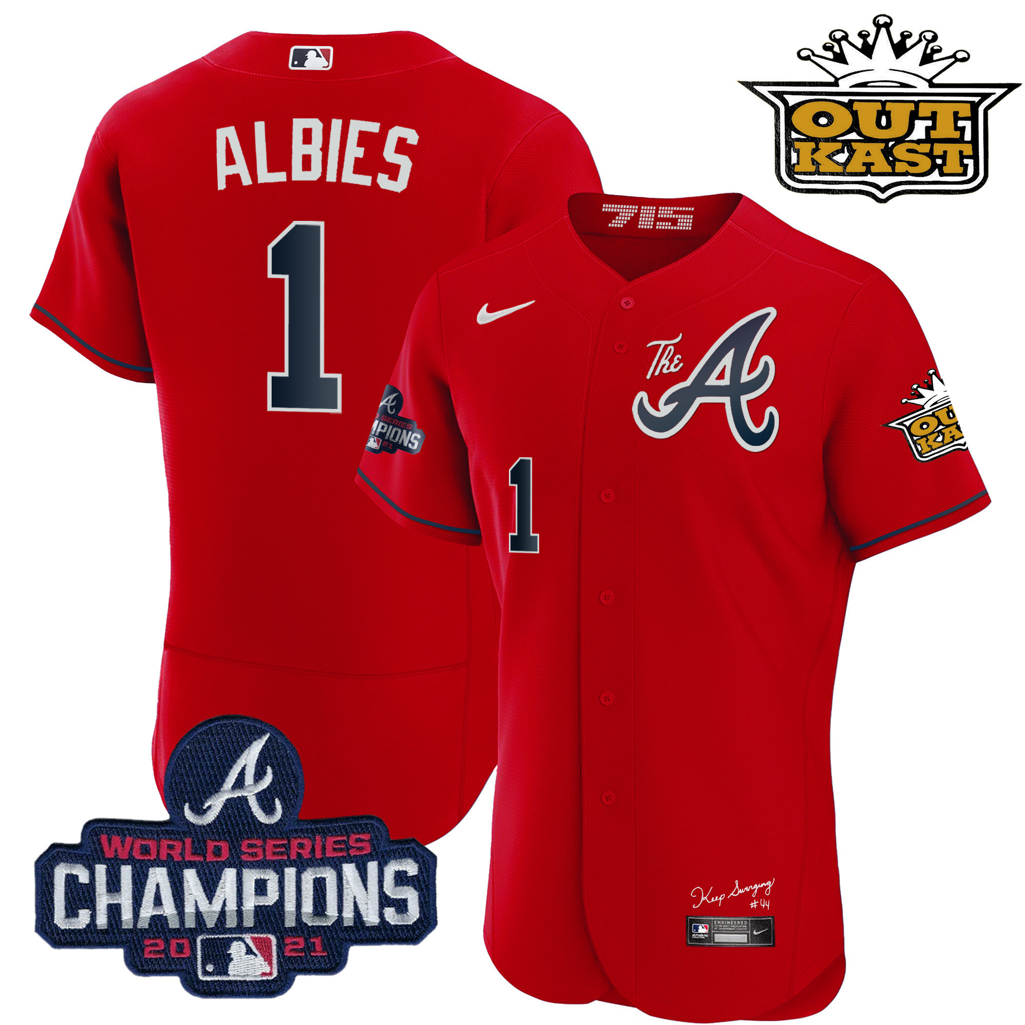 Ozzie Albies Men's Atlanta Braves Outkast Gold The A Flex Base Red Jersey - All Stitched