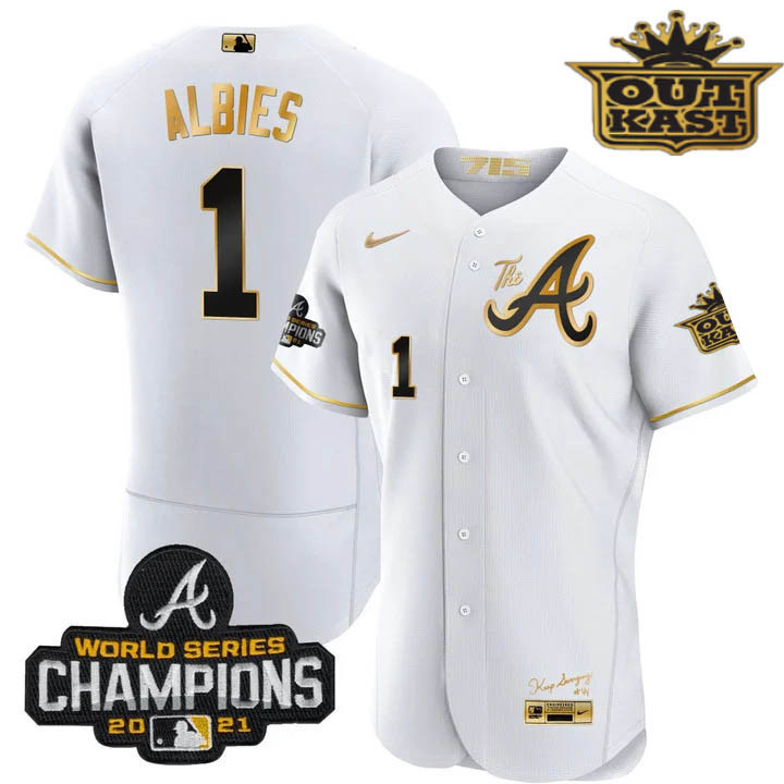 Ozzie Albies Men's Atlanta Braves Outkast Gold The A Flex Base White Gold Jersey - All Stitched