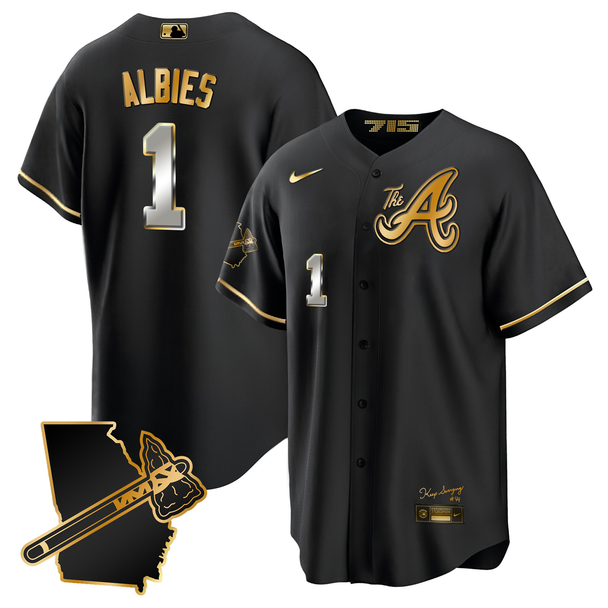 Ozzie Albies Men's Atlanta Braves The A Gold Cool Base - Georgia Patch Black Gold Jersey - All Stitched