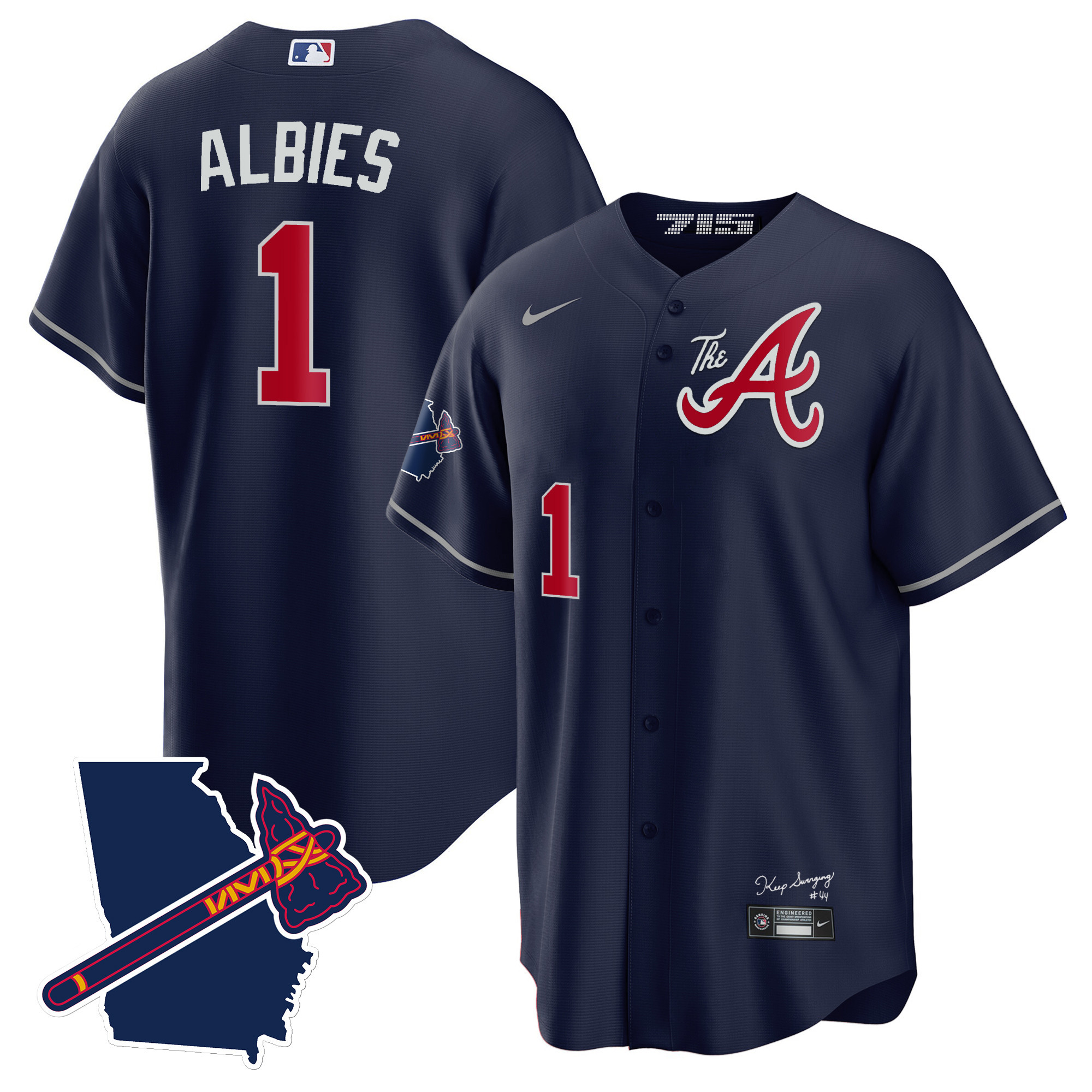Ozzie Albies Men's Atlanta Braves The A Gold Cool Base - Georgia Patch Navy Jersey - All Stitched