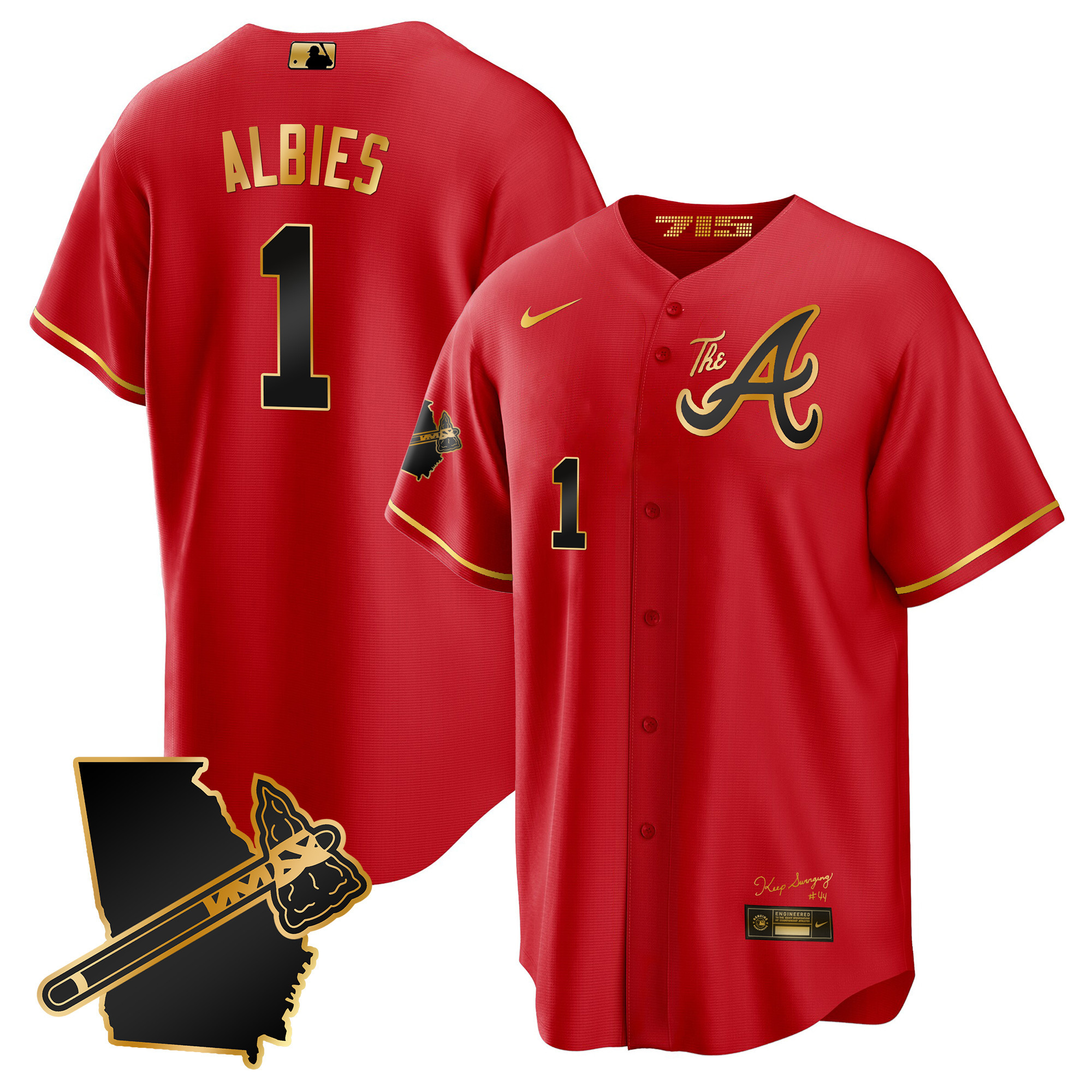 Ozzie Albies Men's Atlanta Braves The A Gold Cool Base - Georgia Patch Red Gold Jersey - All Stitched