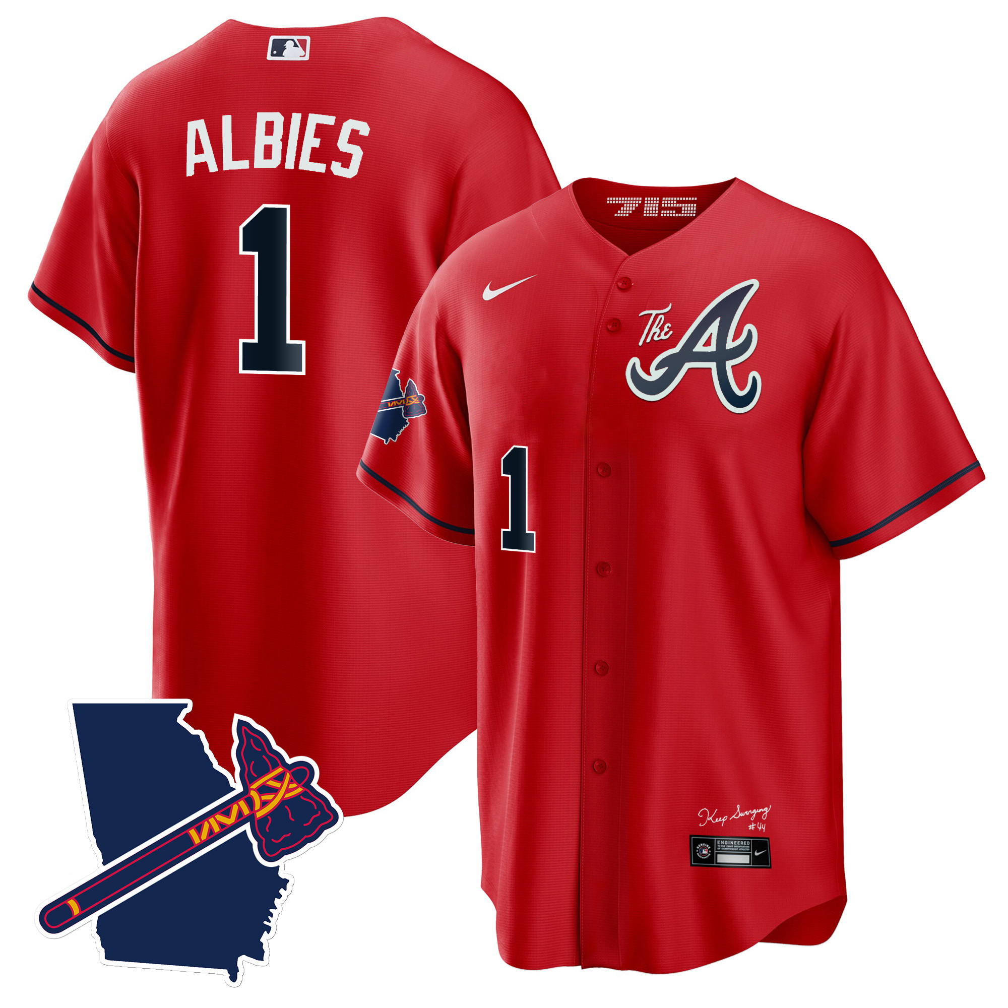 Ozzie Albies Men's Atlanta Braves The A Gold Cool Base - Georgia Patch Red Jersey - All Stitched