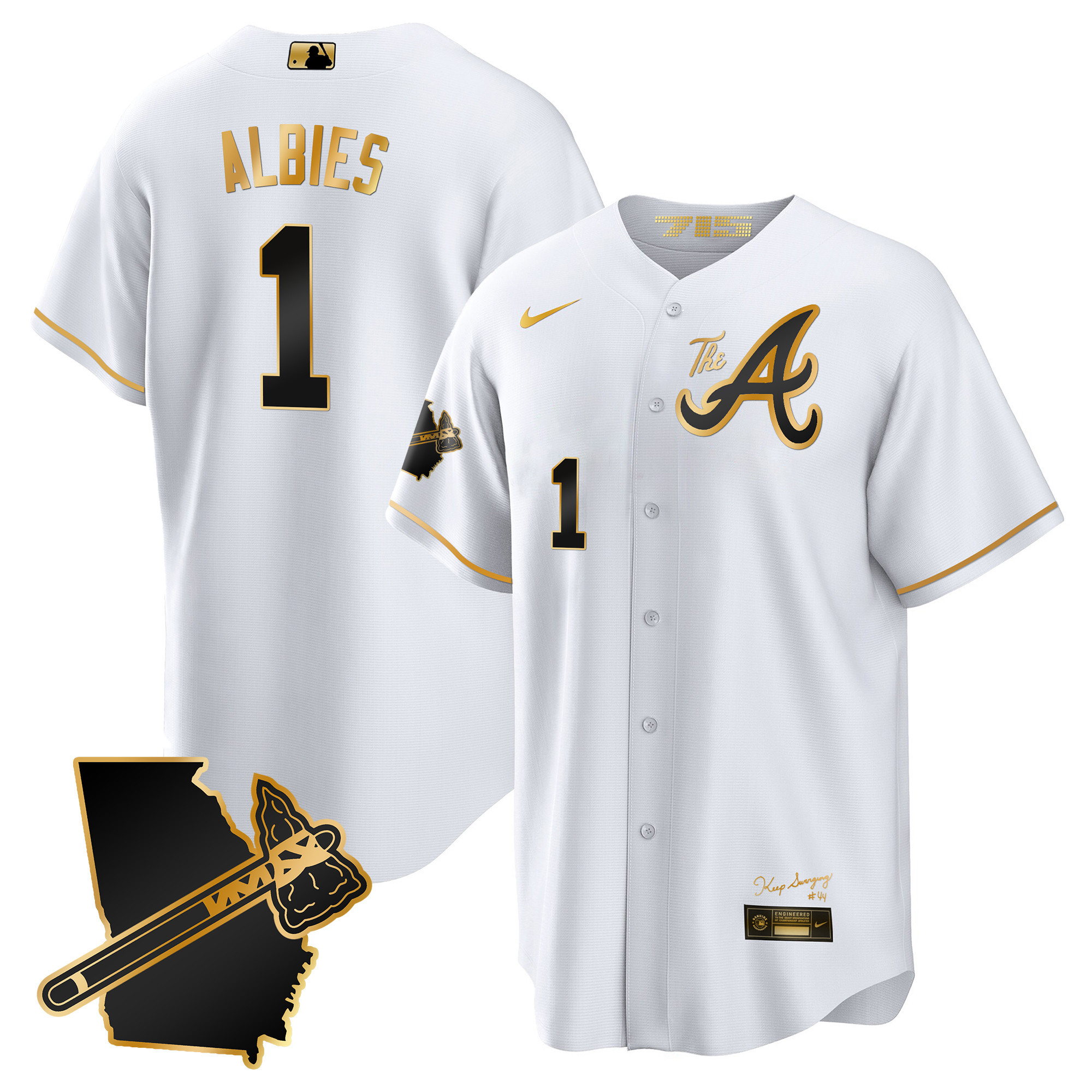 Ozzie Albies Men's Atlanta Braves The A Gold Cool Base - Georgia Patch White Gold Jersey - All Stitched