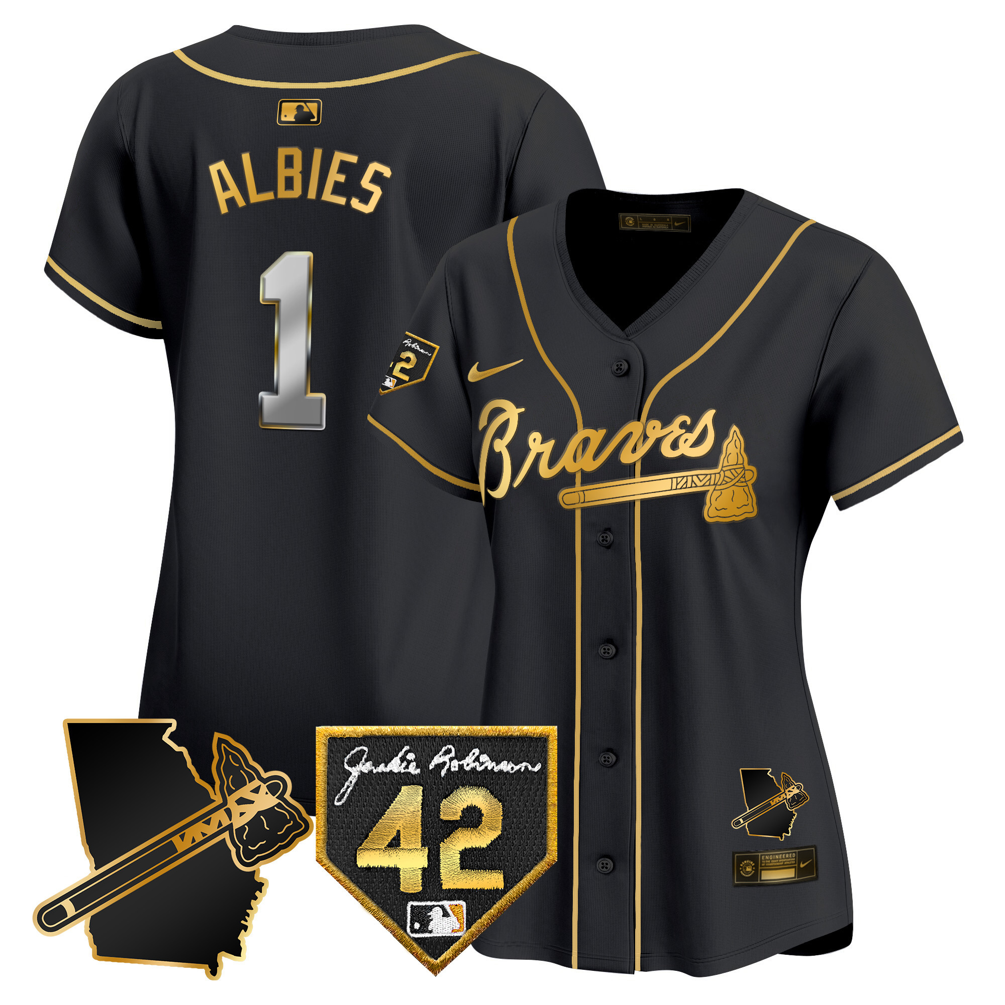 Ozzie Albies Women's Atlanta Braves 2024 Robinson & Georgia Patch Vapor Premier Limited Black Gold Jersey - All Stitched