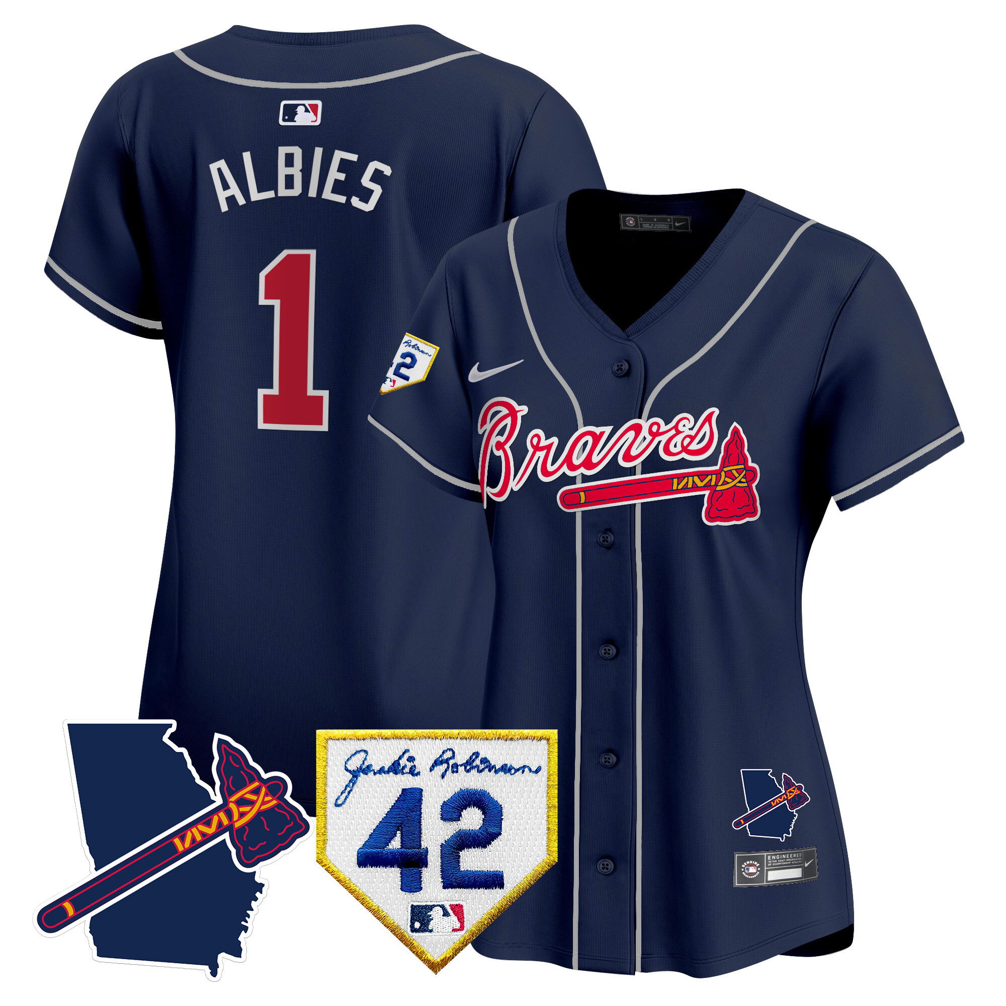 Ozzie Albies Women's Atlanta Braves 2024 Robinson & Georgia Patch Vapor Premier Limited Navy Jersey - All Stitched