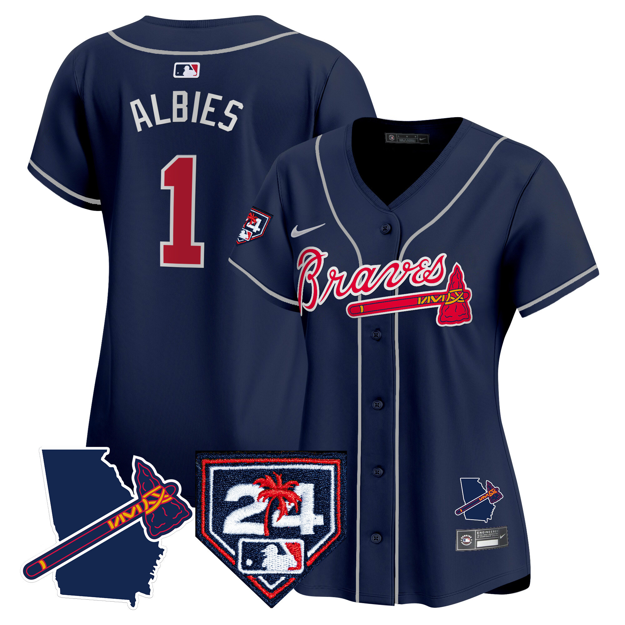 Ozzie Albies Women's Atlanta Braves 2024 Spring Training & Georgia Patch Vapor Premier Limited Navy Jersey - All Stitched