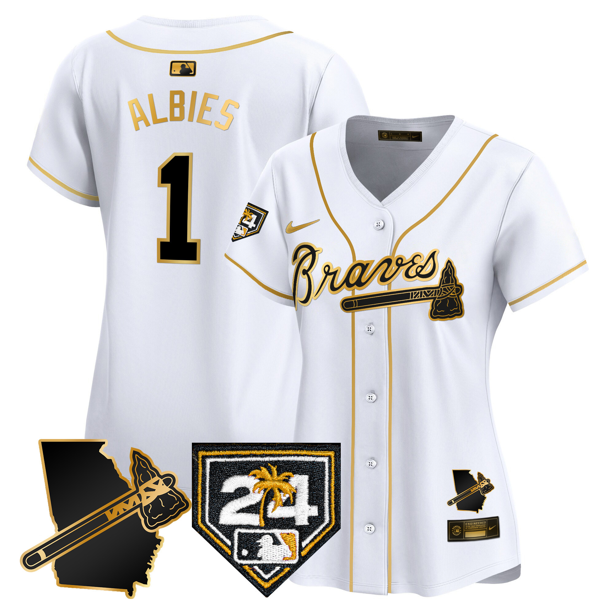 Ozzie Albies Women's Atlanta Braves 2024 Spring Training & Georgia Patch Vapor Premier Limited White Gold Jersey - All Stitched