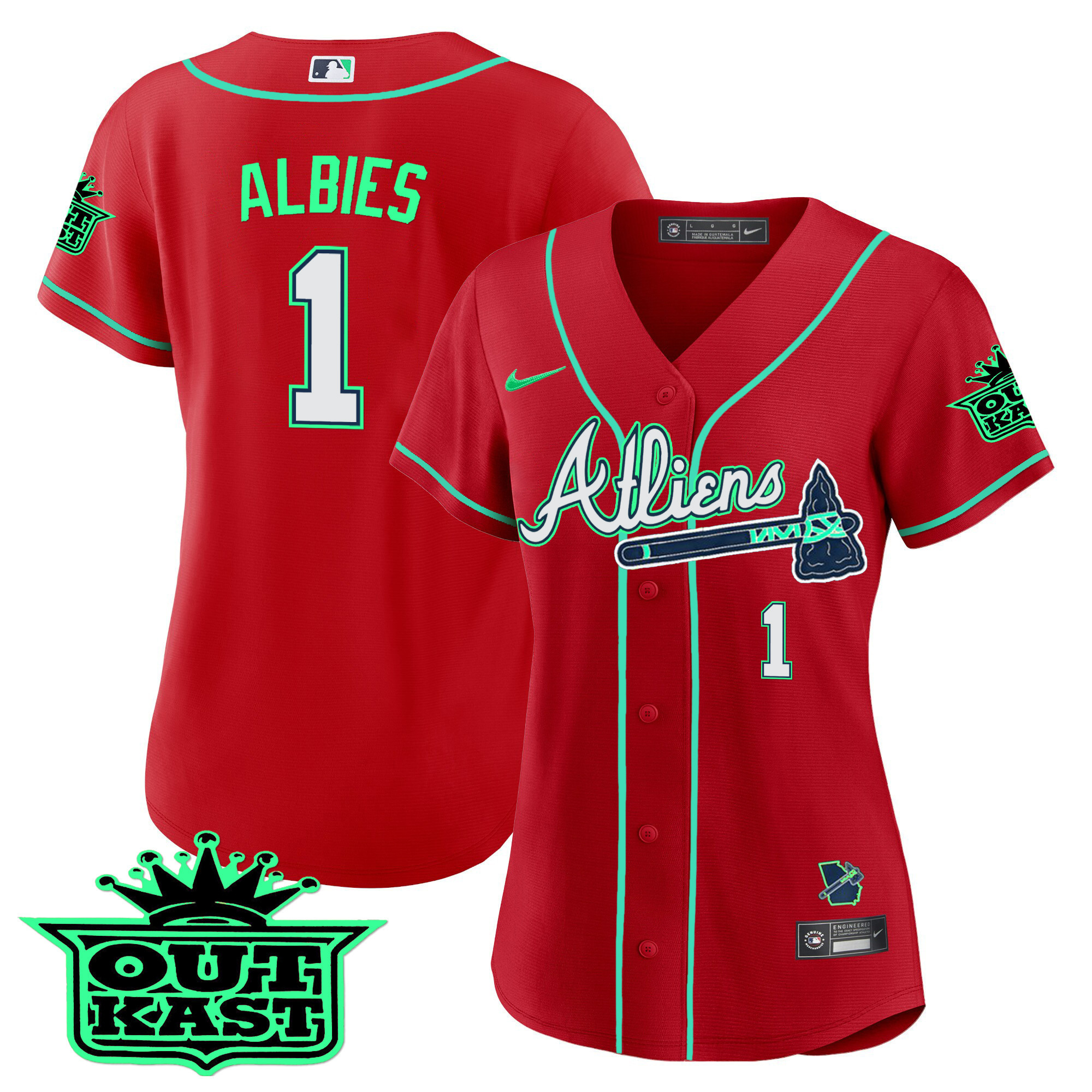 Ozzie Albies Women's Atlanta Braves Atliens Baseball - Galaxy Version Red Jersey - All Stitched