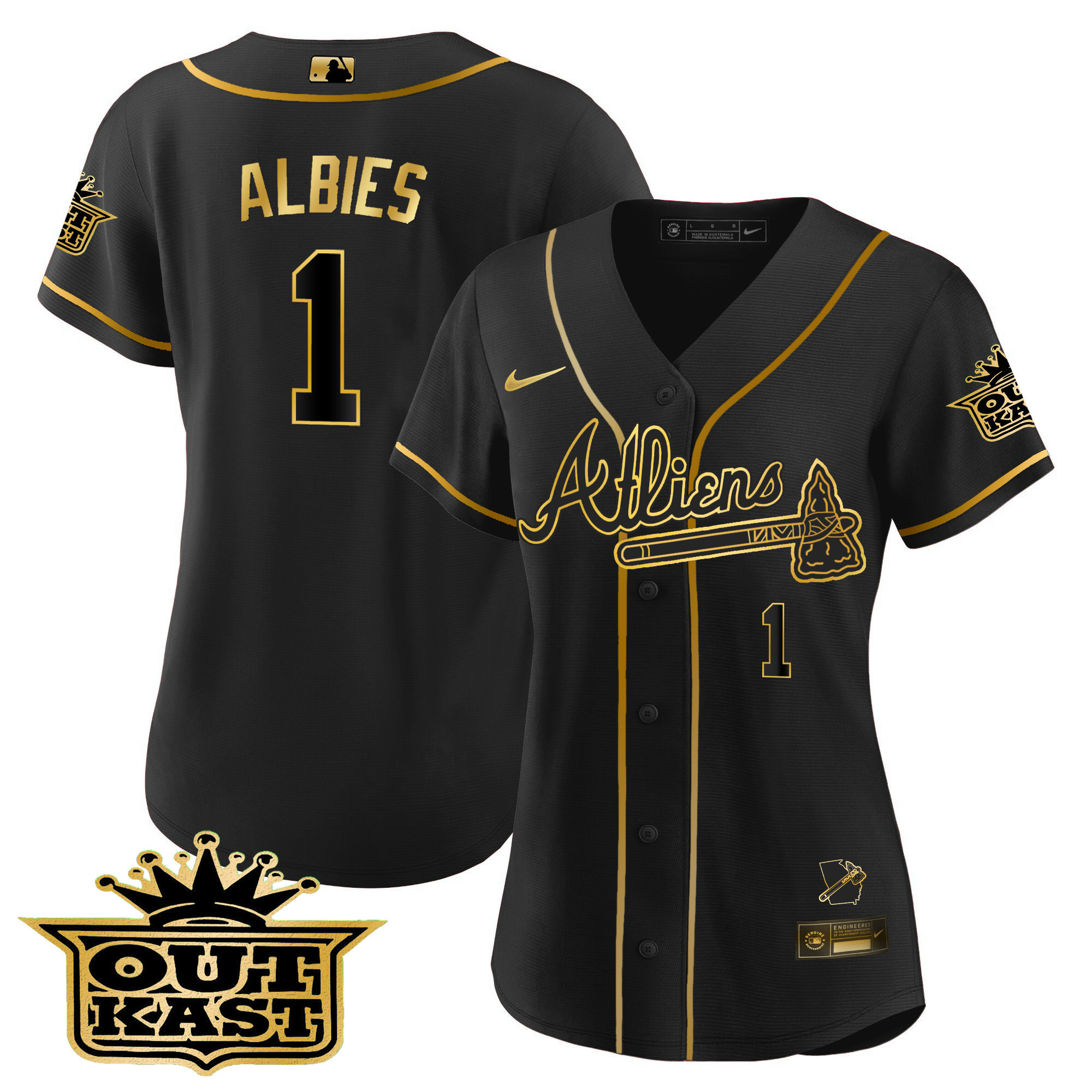 Ozzie Albies Women's Atlanta Braves Atliens V2 Black Gold Jersey - All Stitched