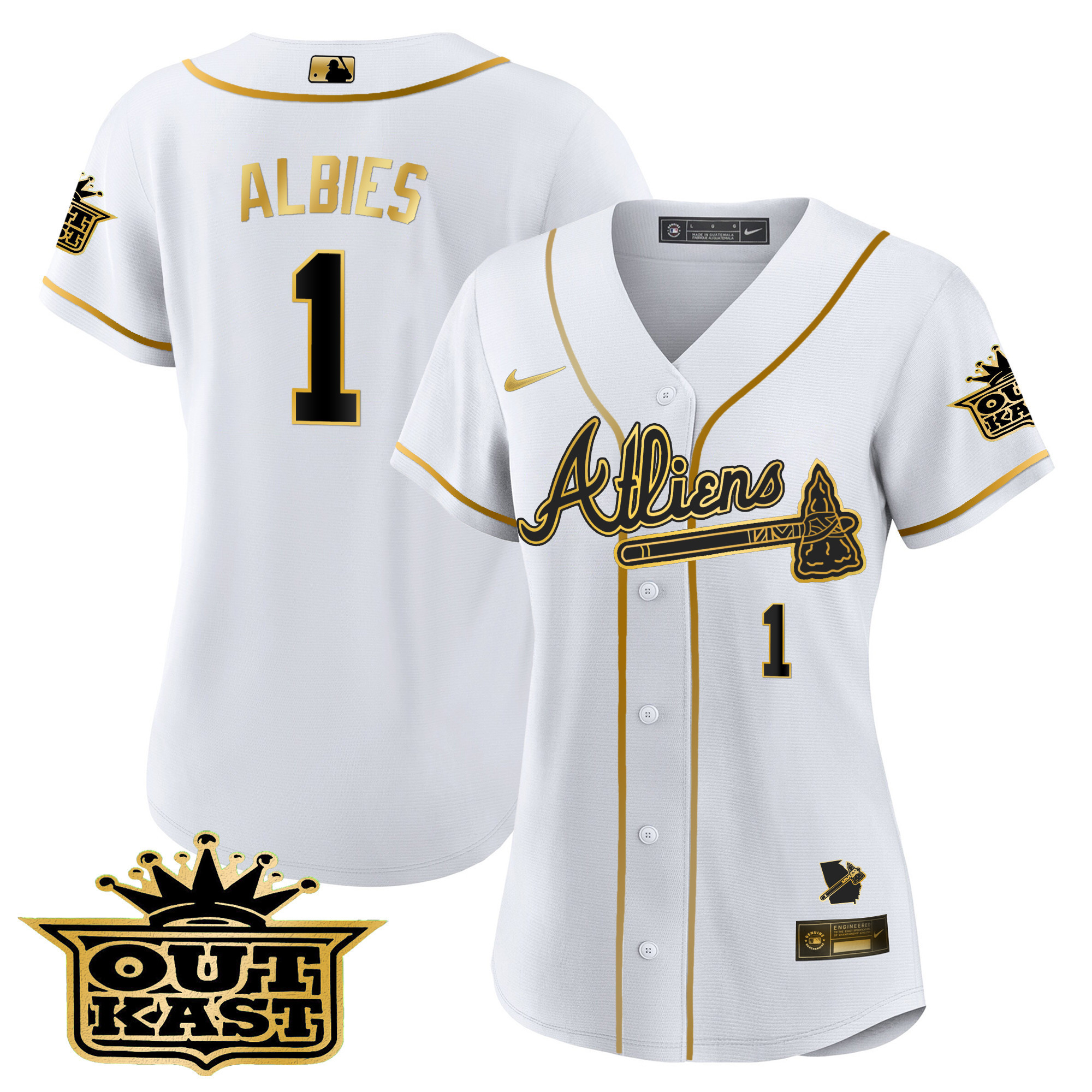 Ozzie Albies Women's Atlanta Braves Atliens V2 White Gold Jersey - All Stitched