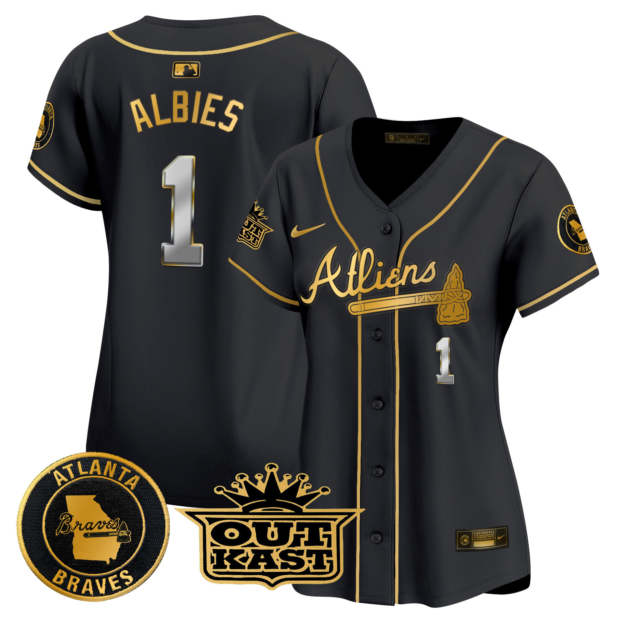 Ozzie Albies Women's Atlanta Braves Atliens Vapor Premier Limited Black Gold Jersey - All Stitched